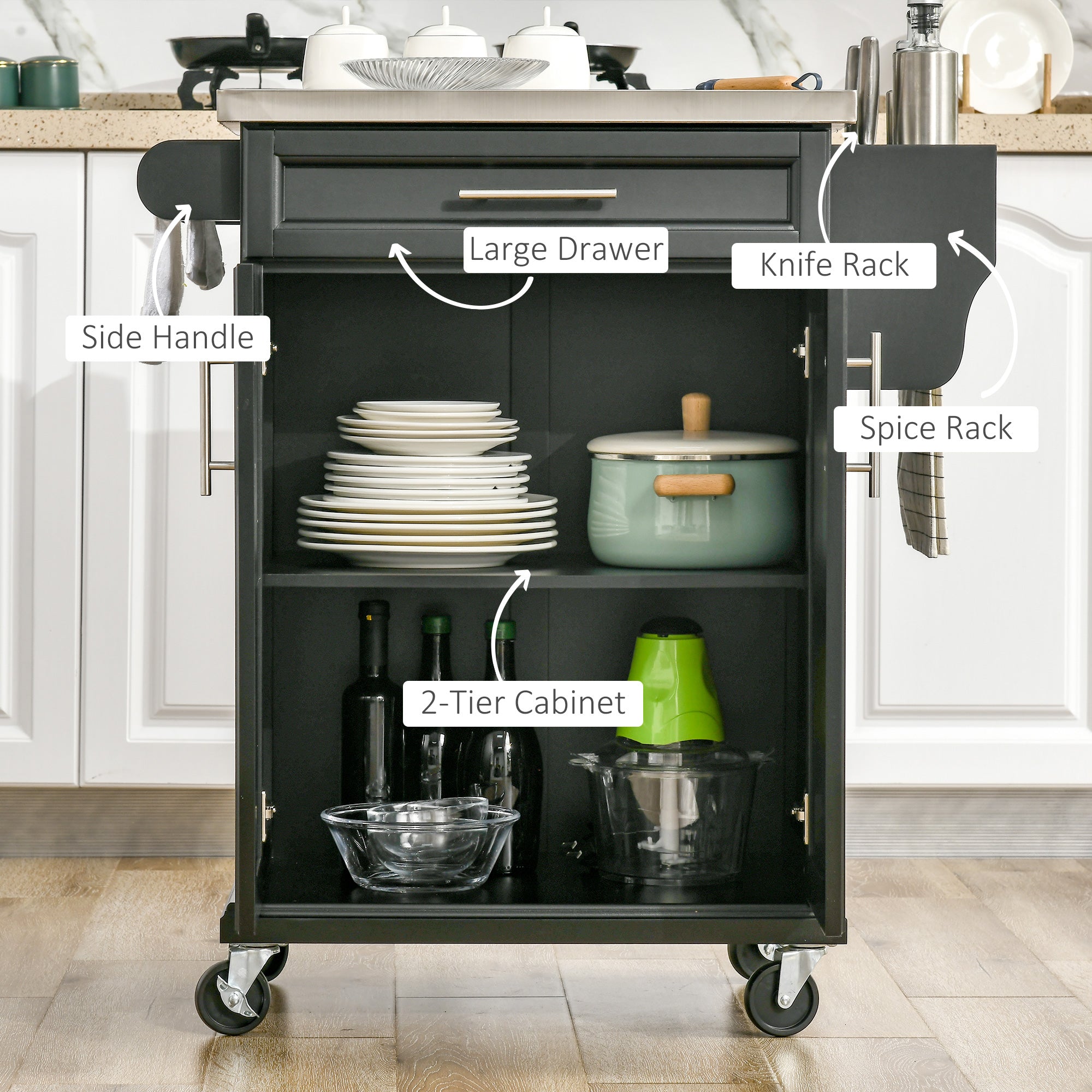 HOMCOM Wooden Kitchen Island on Wheels, Serving Cart Storage Trolley with Stainless Steel Top, Drawer, Side Handle and Rack, Black - North Peak Garden Furniture