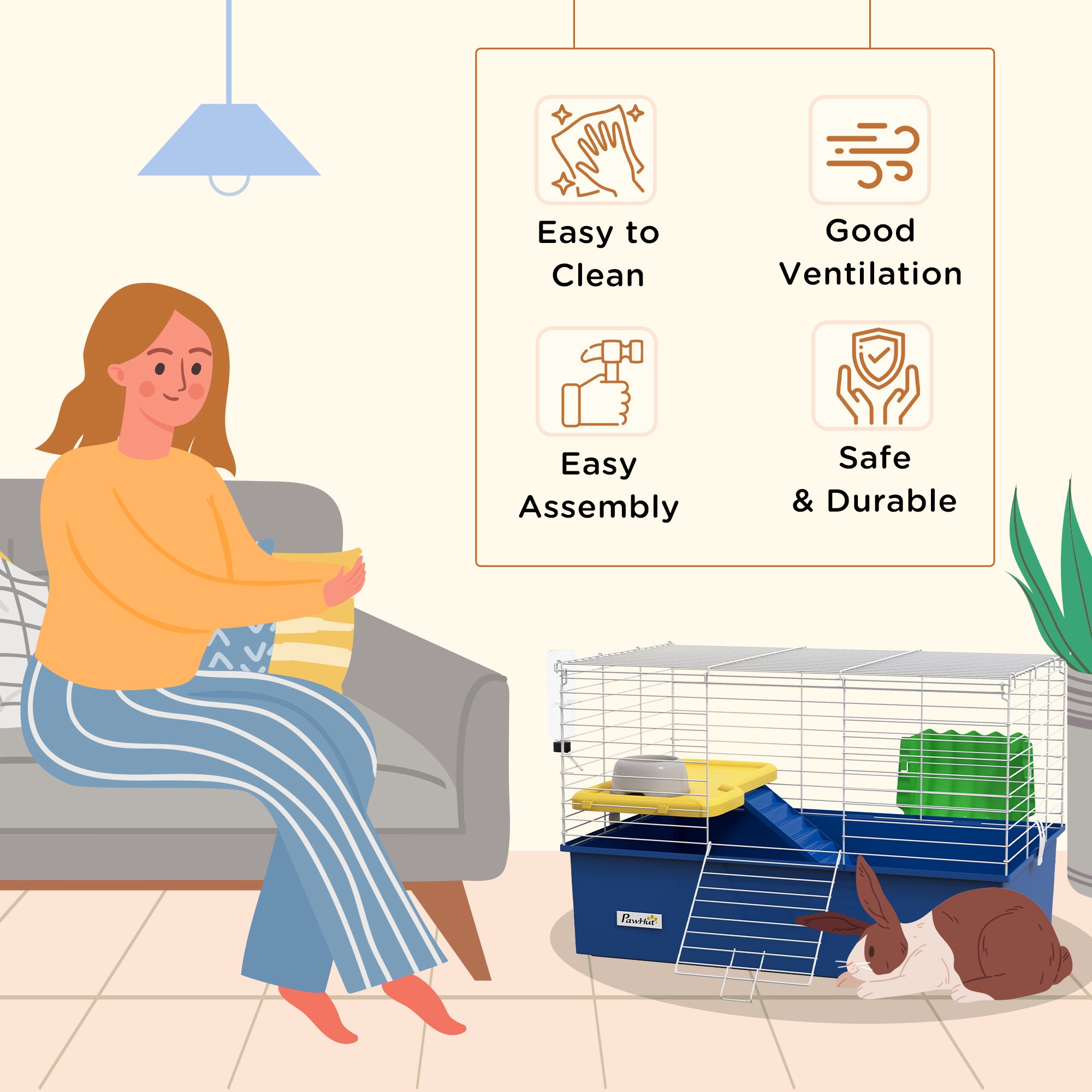 PawHut Chinchillas Small Rabbit Guinea Pig Small Animal Cage, Pet Playhouse, with Platform, Ramp, 71 x 46 x 47cm, Blue - North Peak Garden Furniture