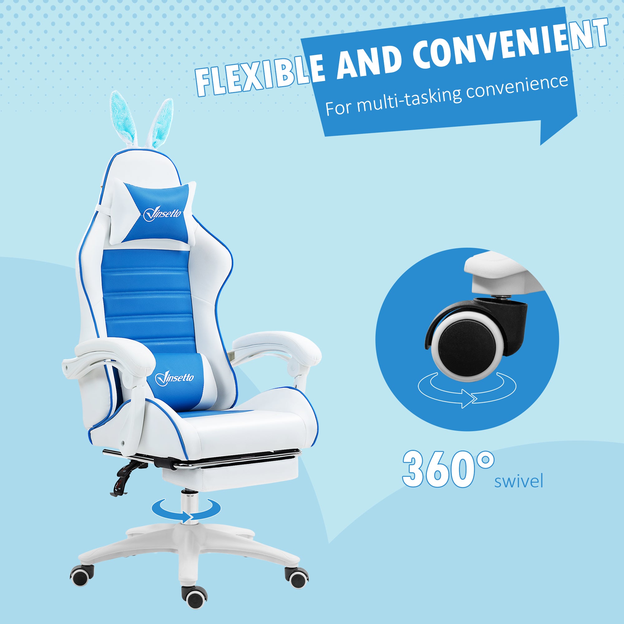 Vinsetto Racing Gaming Chair, Reclining PU Leather Computer Chair with Removable Rabbit Ears, Footrest and Lumber Support, Blue - North Peak Garden Furniture