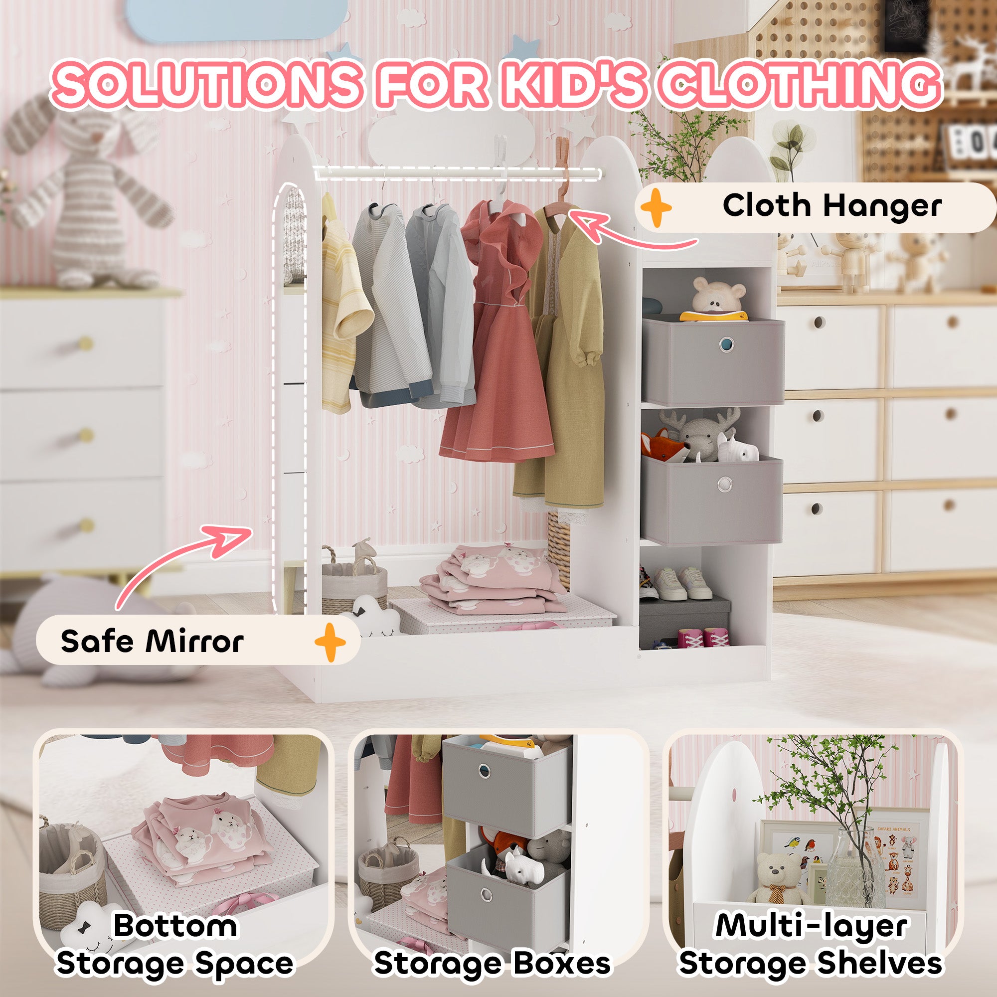 AIYAPLAY Kids Clothes Rail with Storage Shelf, Boxes, Mirror for Bedroom, Nursery, White - North Peak Garden Furniture