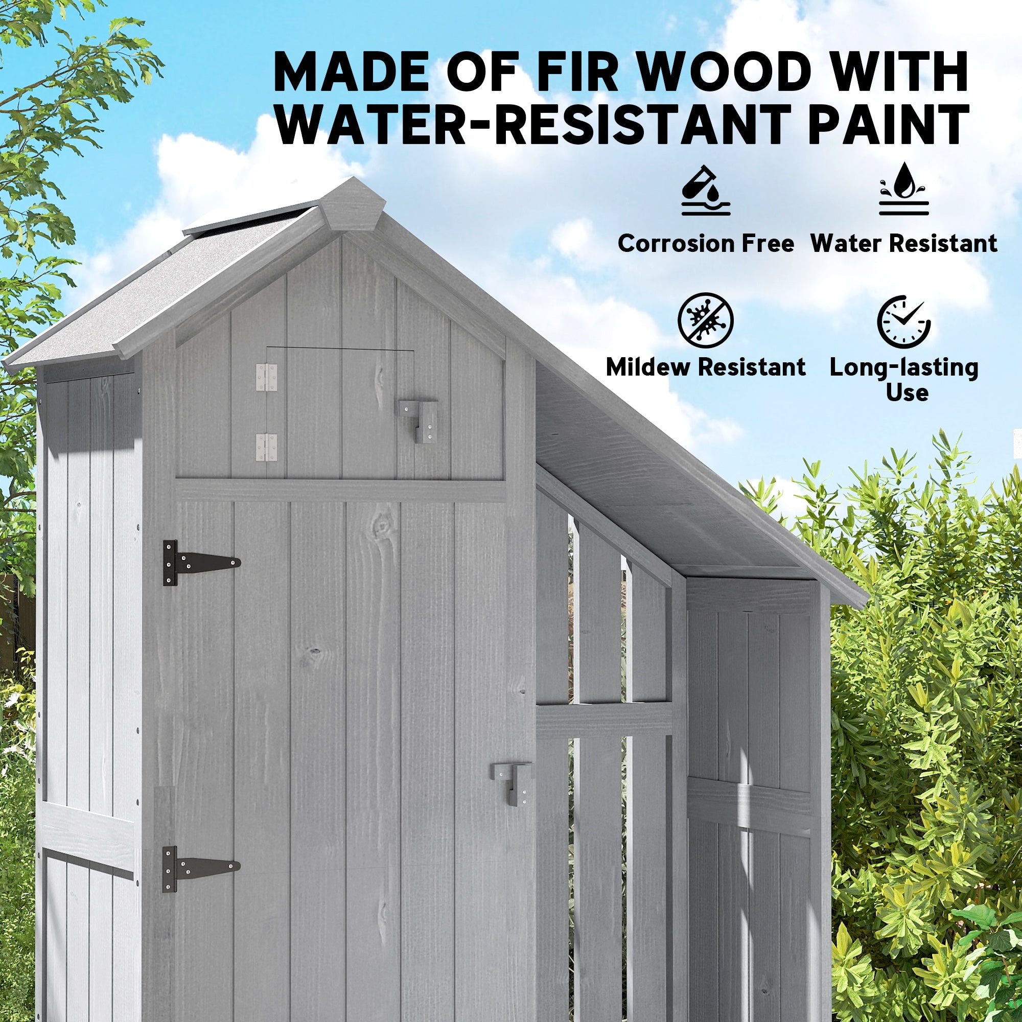 Outsunny Garden Outdoor Storage Shed 3 Shelves Tilt Roof w/ Firewood Rack Log Carrier, 129L x 51.5W x 180H cm