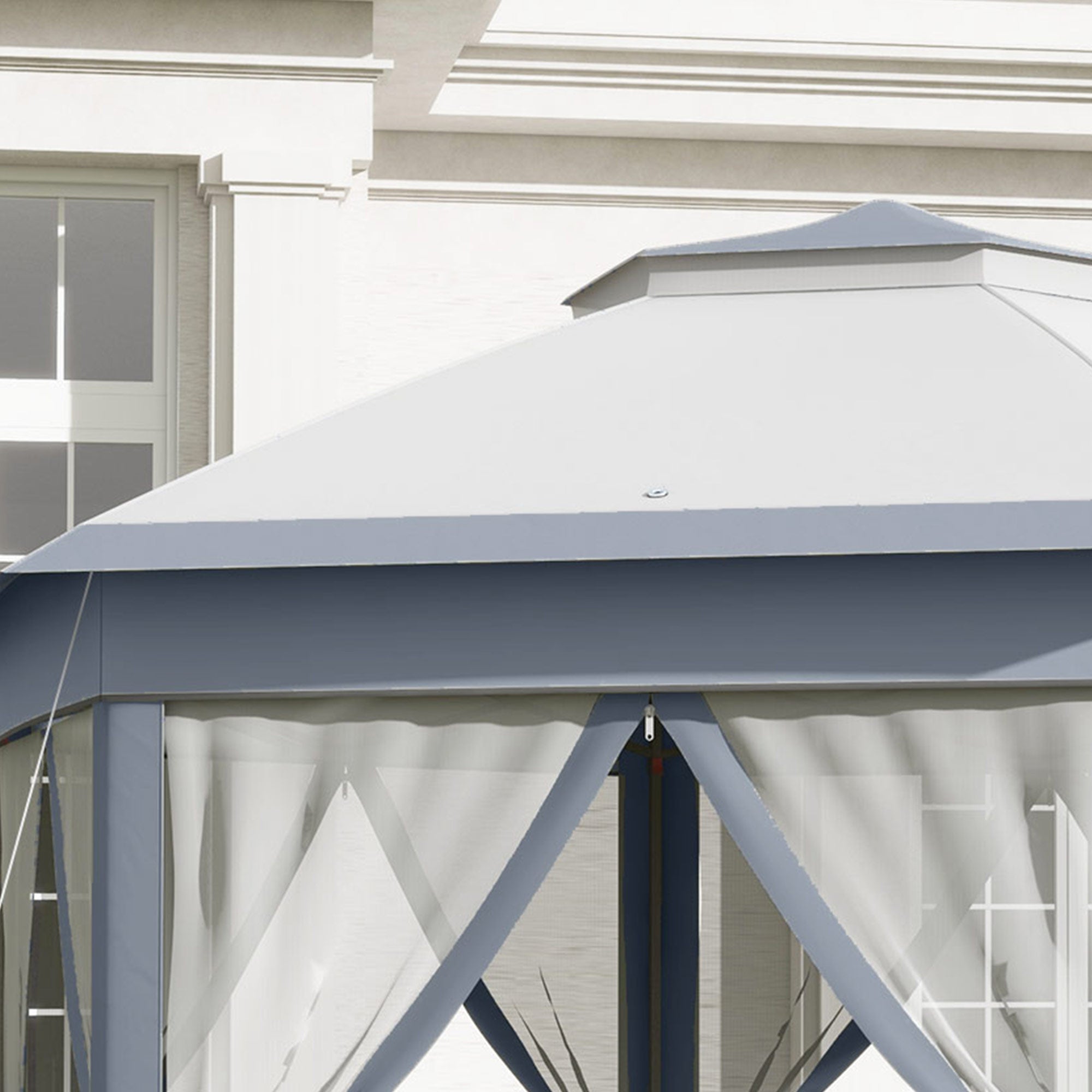 Outsunny 3 x 4m Metal Frame Hexagon Gazebo, with Curtains - Grey - North Peak Garden Furniture