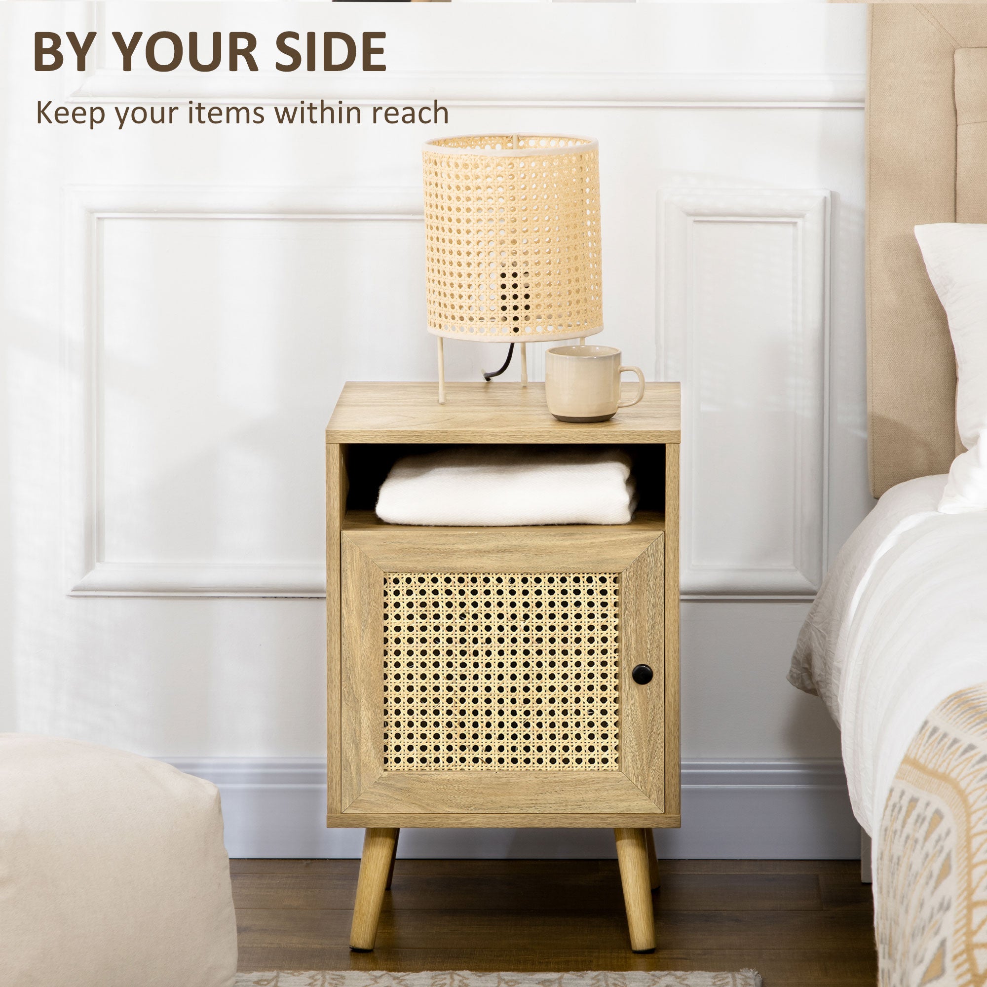 HOMCOM Bedside Table with Rattan Element, Side End Table with Shelf and Cupboard, 39cmx35cmx60cm, Set of 2, Natural - North Peak Garden Furniture