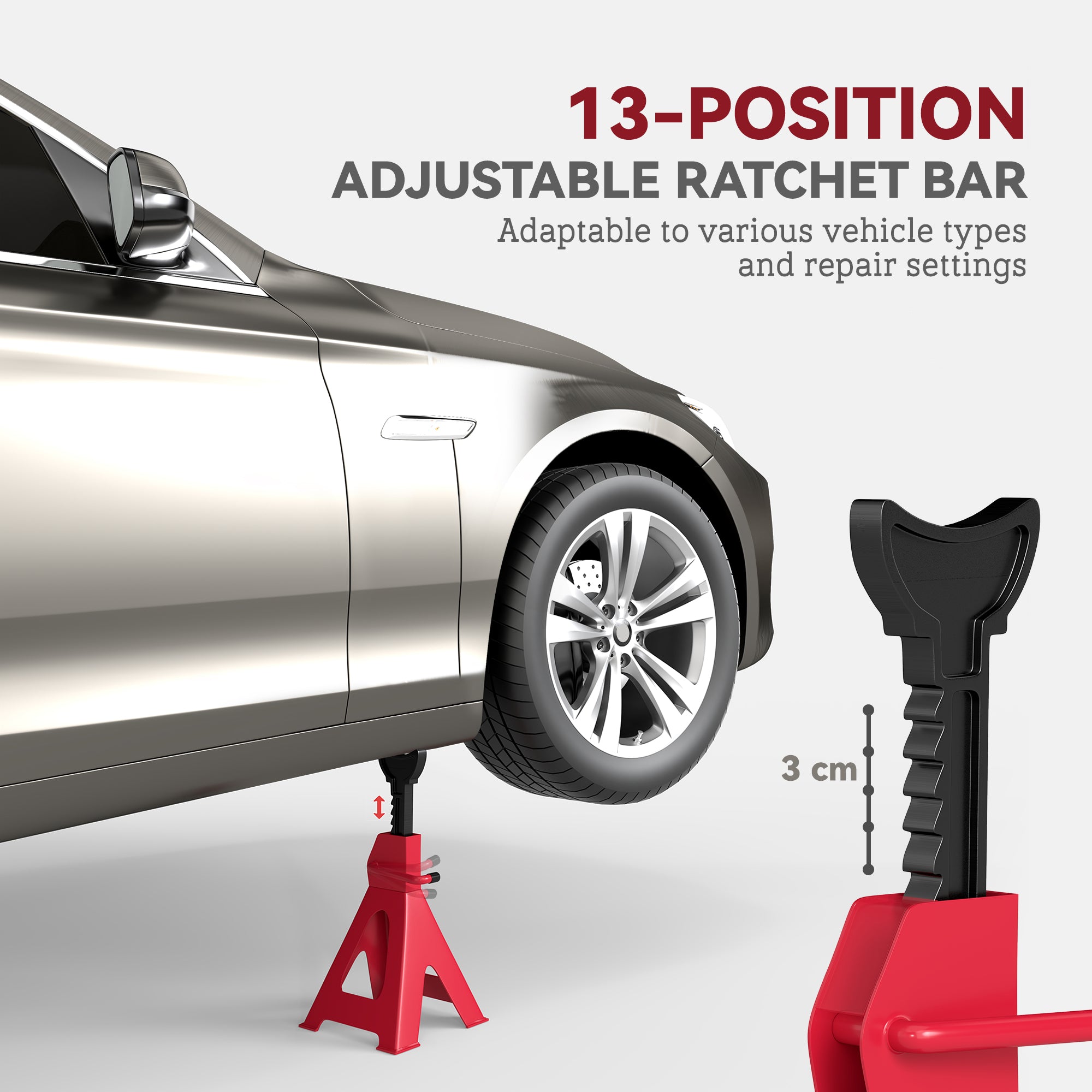 HOMCOM Axle Stands 3 Ton Car Jack Stands Pack of 2, 38.5-60 cm Height Adjustable Support Jack Stand, Heavy Duty Car Lift Tool for Vehicles, Caravans, Workshops, Garages, Red - North Peak Garden Furniture