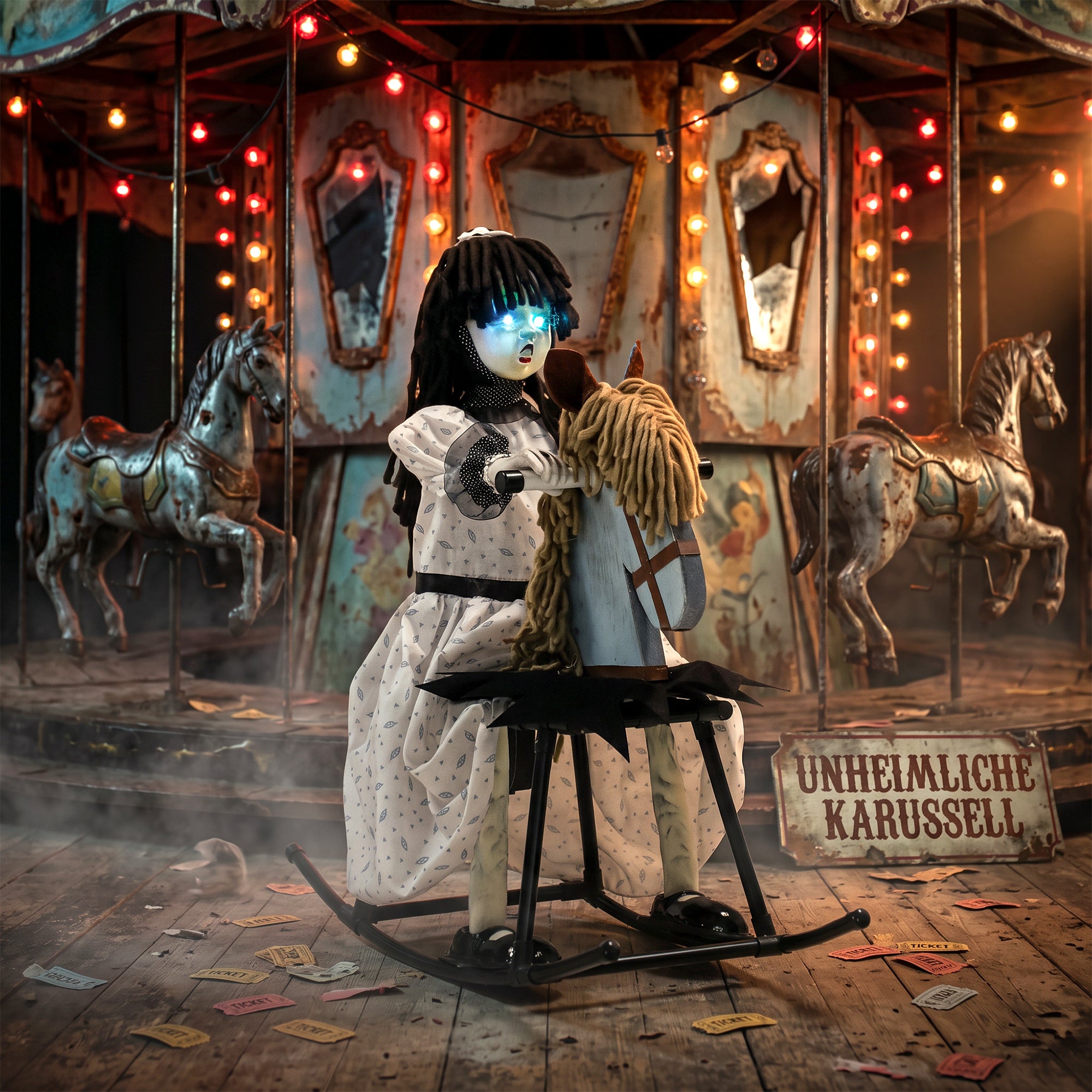 HOMCOM Animated Halloween Girl Riding Horse, Halloween Animatronics with Creepy Rhymes, Glowing Eyes, Sound/Touch Activated