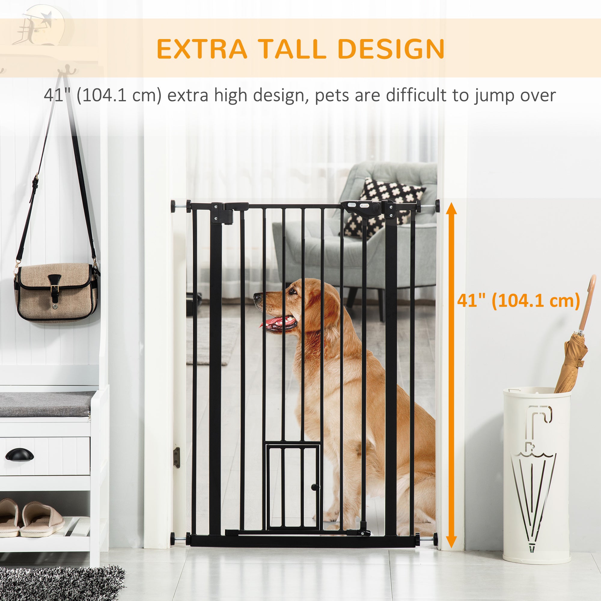 PawHut Extra Tall Pet Gate, Indoor Dog Safety Gate, with Cat Flap, Auto Close, 74-101cm Wide - Black - North Peak Garden Furniture
