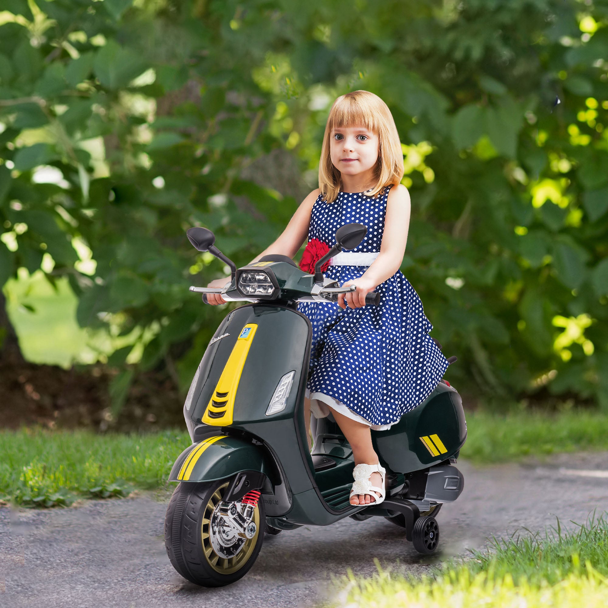 AIYAPLAY 12V Vespa Licensed Kids Electric Motorbike w/ Music, Headlights, FM Radio, for 3-6 Years - Green - North Peak Garden Furniture