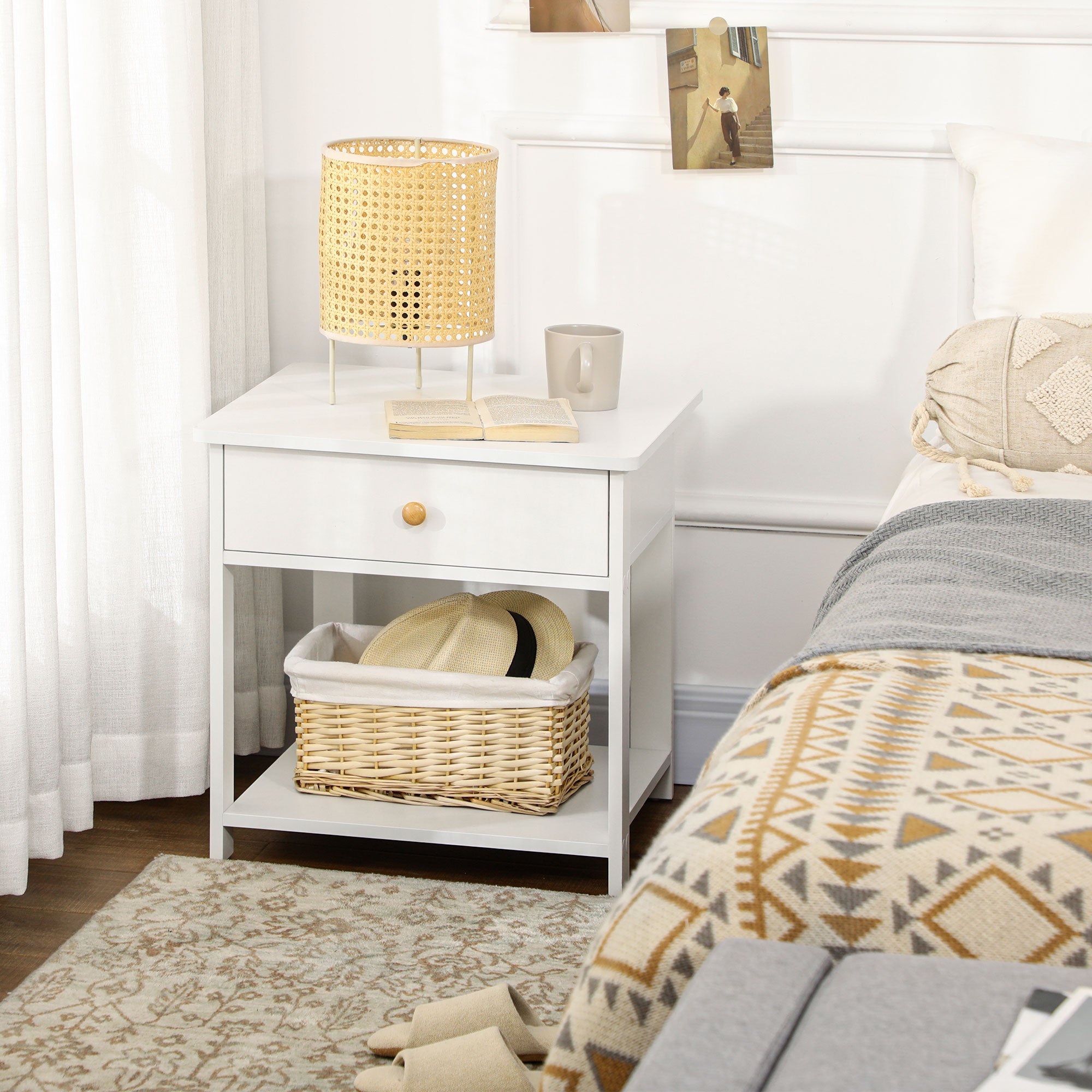 HOMCOM Bedside Table with Drawer and Bottom Shelf, Square Side End Table for Bedroom, Living Room, White - North Peak Garden Furniture