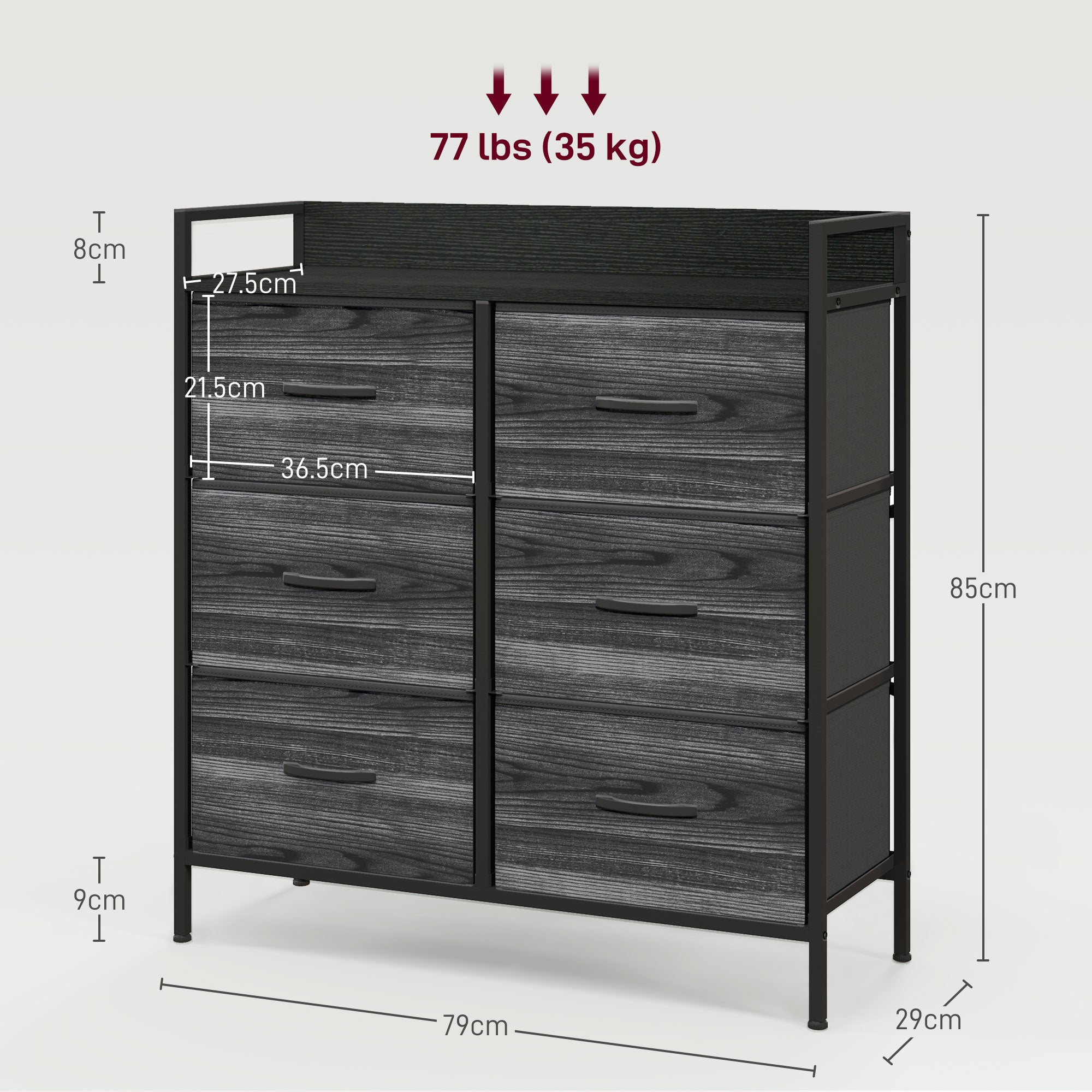 HOMCOM Rustic Chest of Six Fabric Drawers - Black - North Peak Garden Furniture