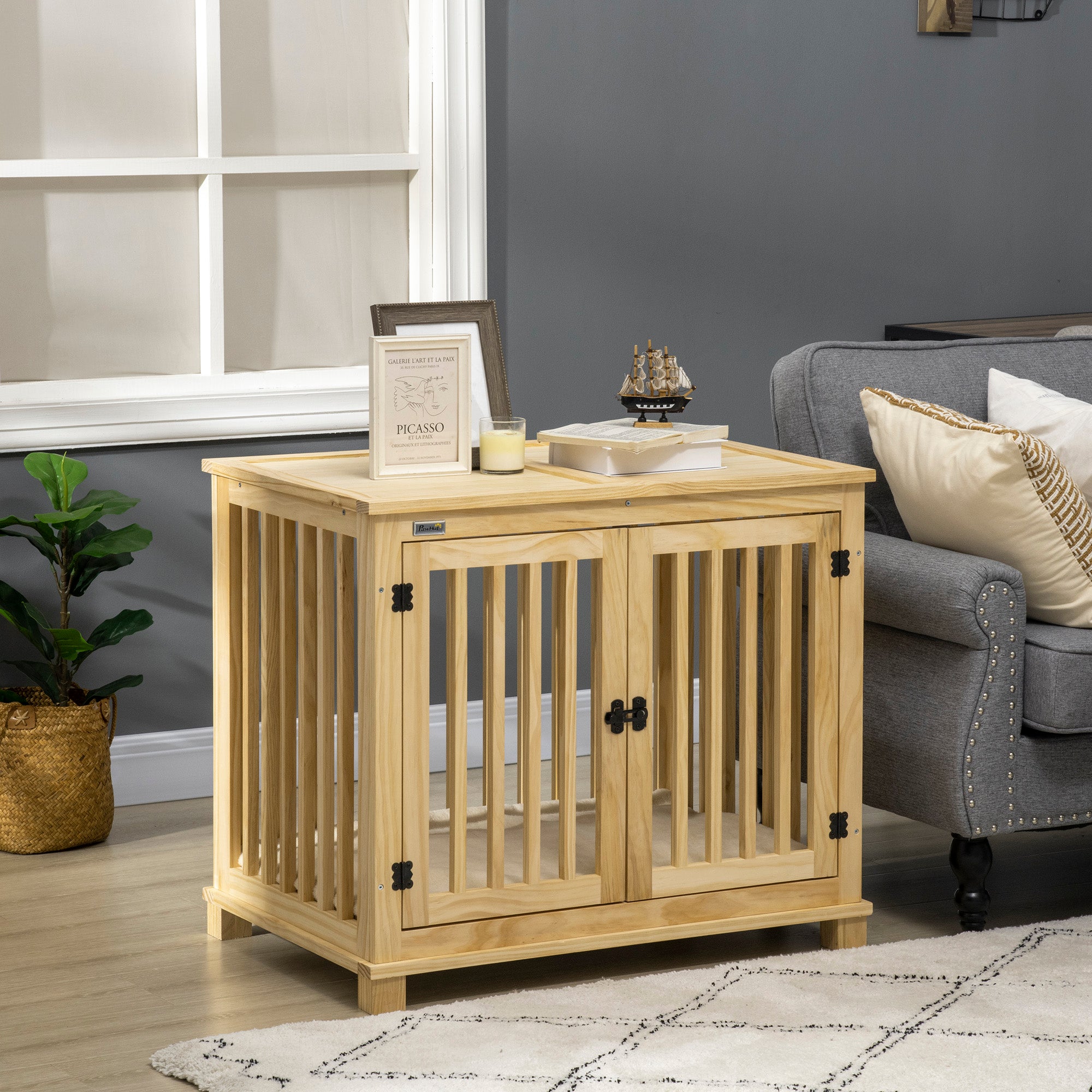 PawHut Wooden Dog Crate, with Double Doors, Cushion, for Medium Dogs - Natural Finish - North Peak Garden Furniture