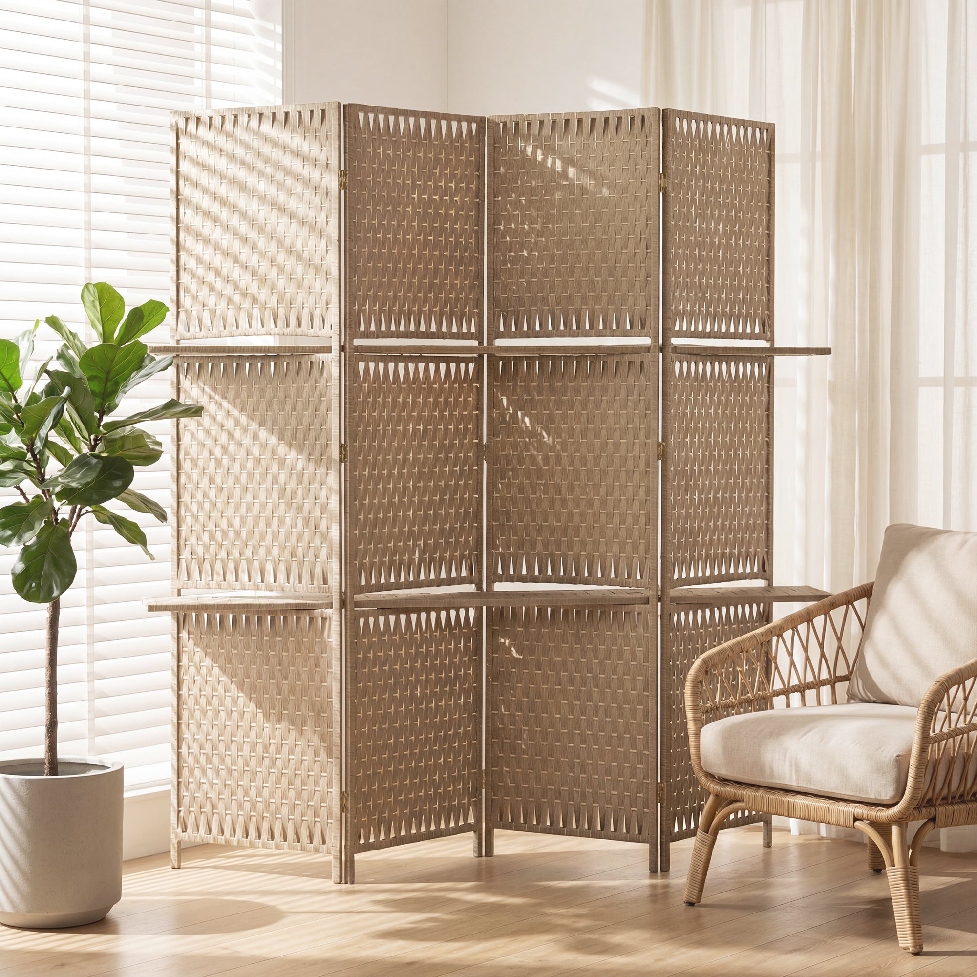 HOMCOM Wave Fibre Freestanding Folding Privacy Screen Panels, Room Divider, Natural Wood Finish