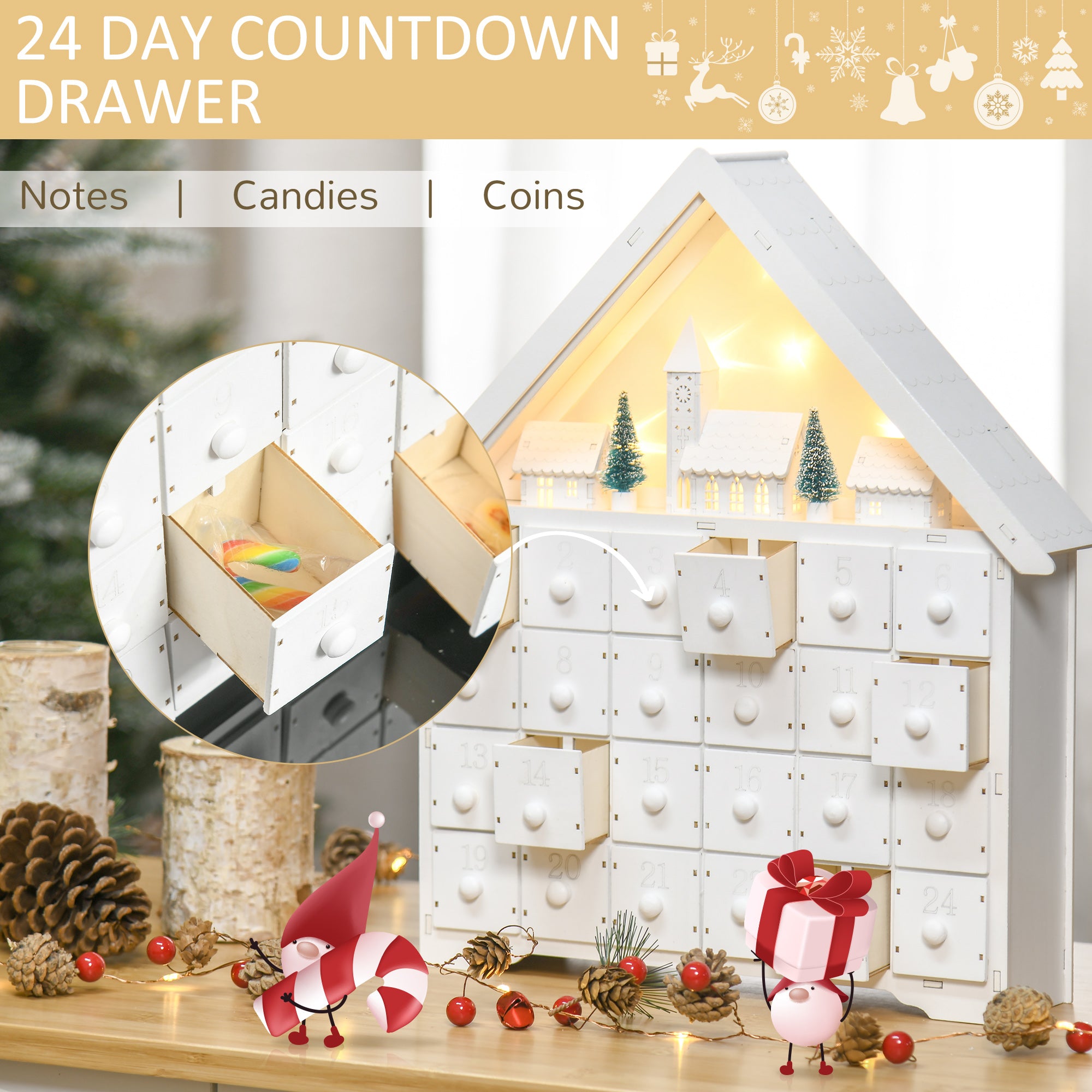 HOMCOM 24-Drawer Christmas Advent Calendar, Wooden Light-Up Traditional Decoration, Adults Kids Countdown Holiday House w/ Lights Handle White - North Peak Garden Furniture