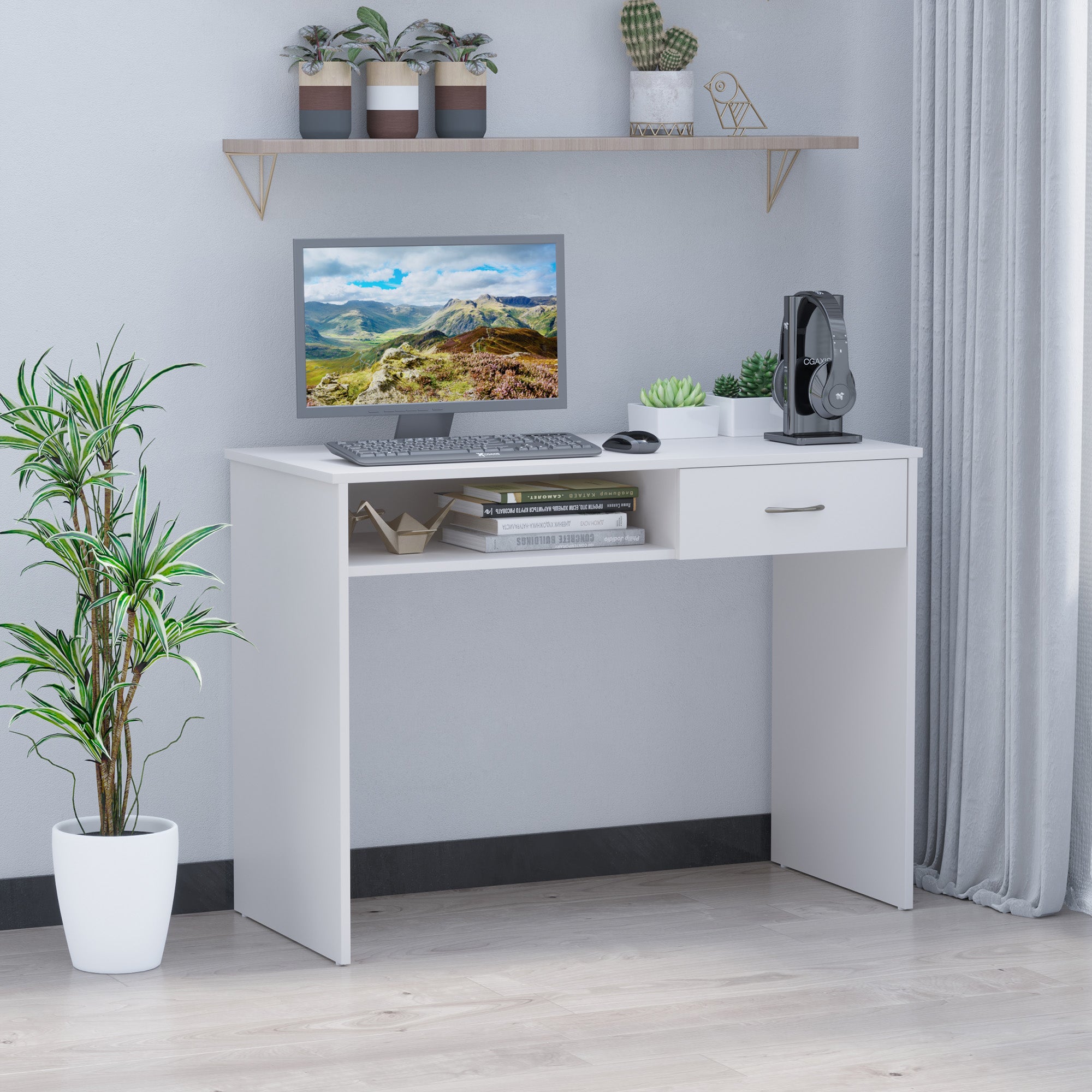 HOMCOM Compact Computer Desk, Study Table with Drawer and Storage Compartment, Writing Workstation, White - North Peak Garden Furniture
