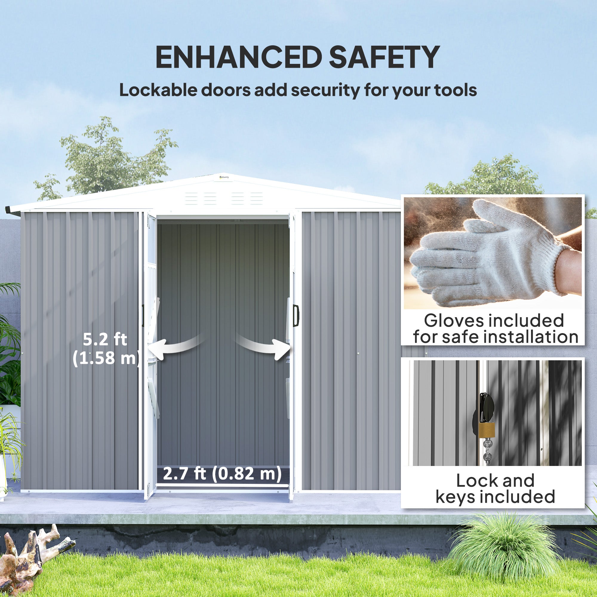 Outsunny 8 x 4 ft Metal Garden Shed, Garden Storage Shed with Window, 4 Vents and Lockable Door, Waterproof Galvanised Steel Tool Storage Shed, Light Grey - North Peak Garden Furniture