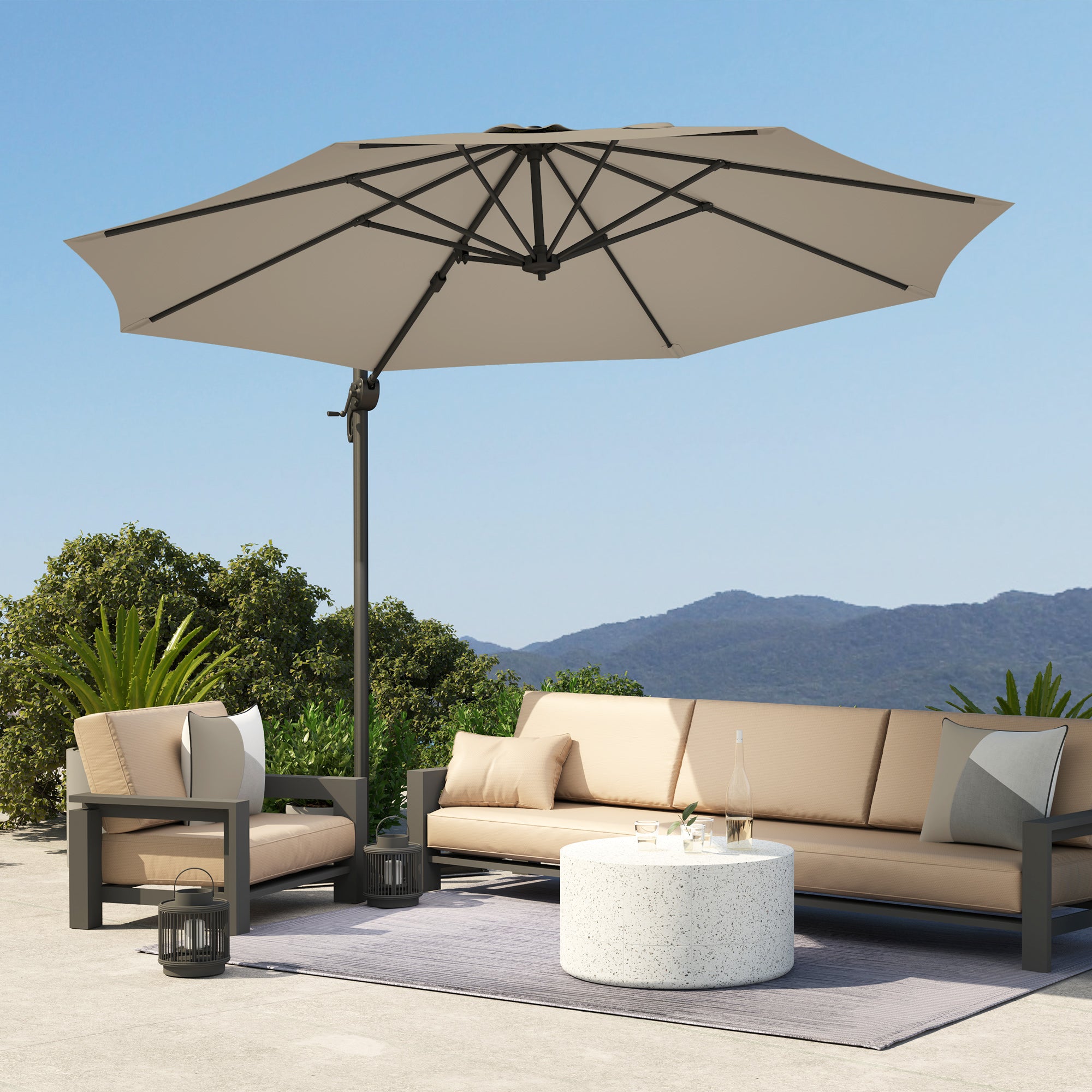 Outsunny 3 x 3(m) Cantilever Parasol with Cross Base, Garden Umbrella with 360° Rotation, Crank Handle and Tilt for Outdoor, Light Grey - North Peak Garden Furniture