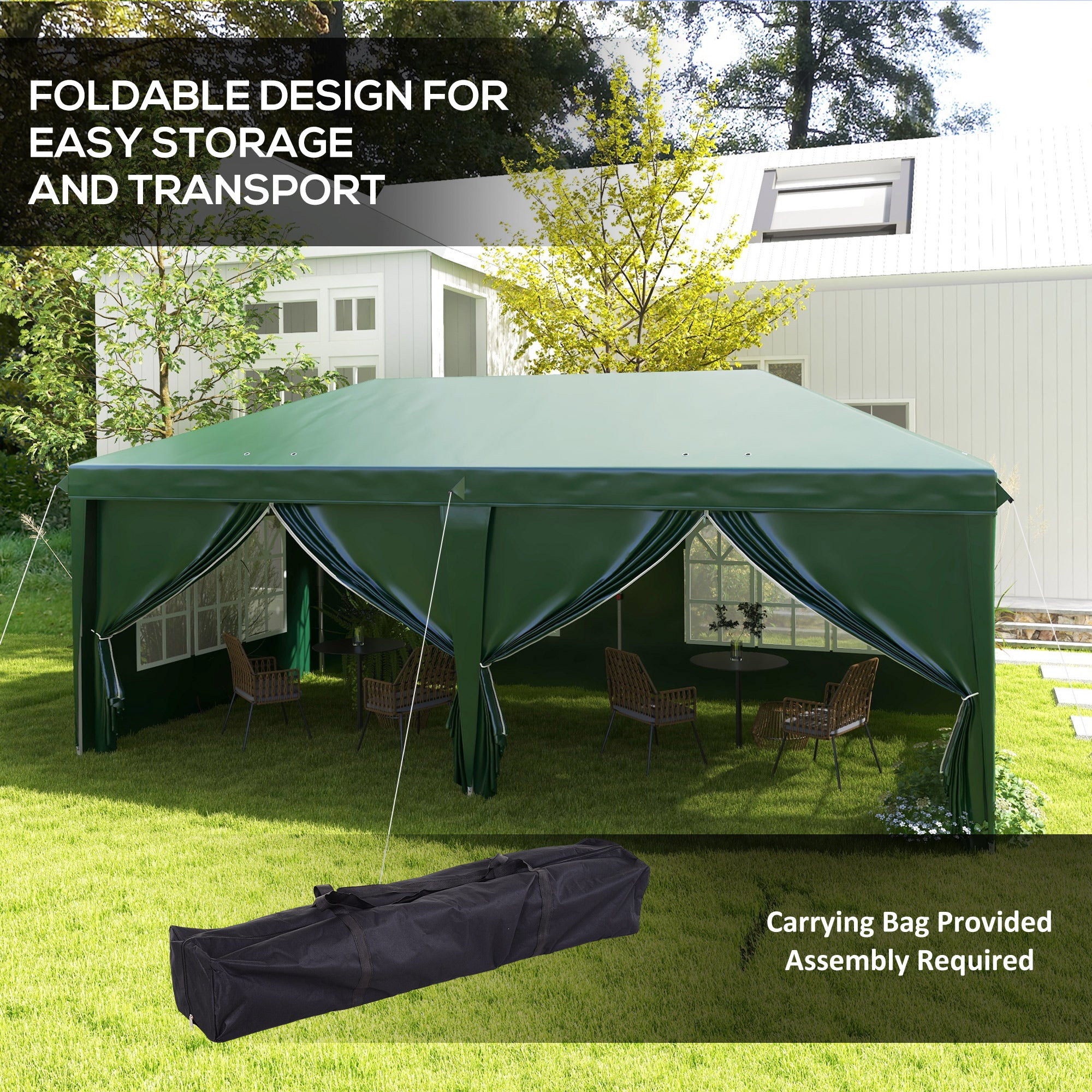 Outsunny 3 x 6m Pop-Up Gazebo, with Curtain Walls and Windows - Dark Green - North Peak Garden Furniture