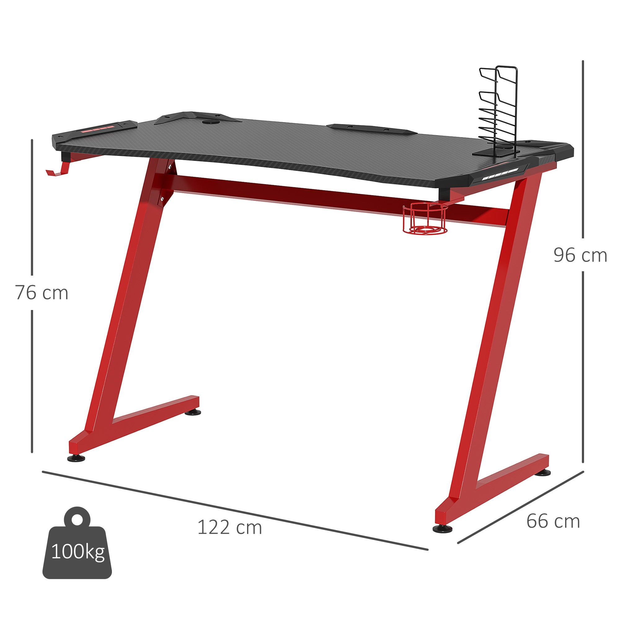 HOMCOM 122 x 66 cm Gaming Desk, Carbon Fibre Covered Computer Desk, Gamer Workstation with Headphone Hook, Cup Holder and Gamepad Storage Rack, Black and Red - North Peak Garden Furniture