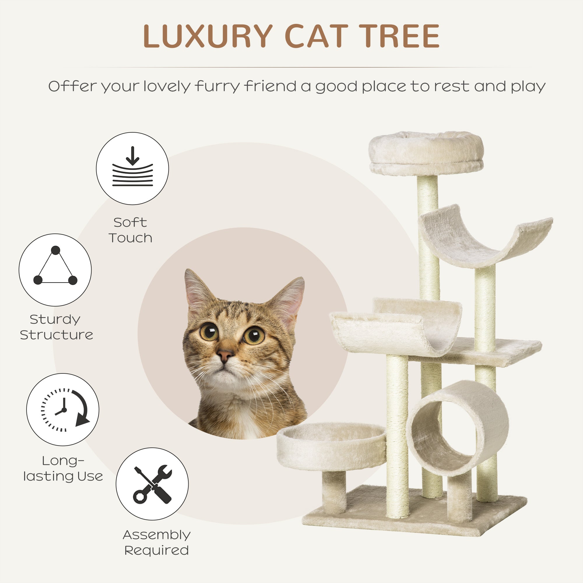 PawHut Cat Tree for Indoor Cats Kitten Pet Scratching Post Perch Activity Center Scratcher Climb Post Play House Arch with Tunnel 105cm Tall Beige - North Peak Garden Furniture