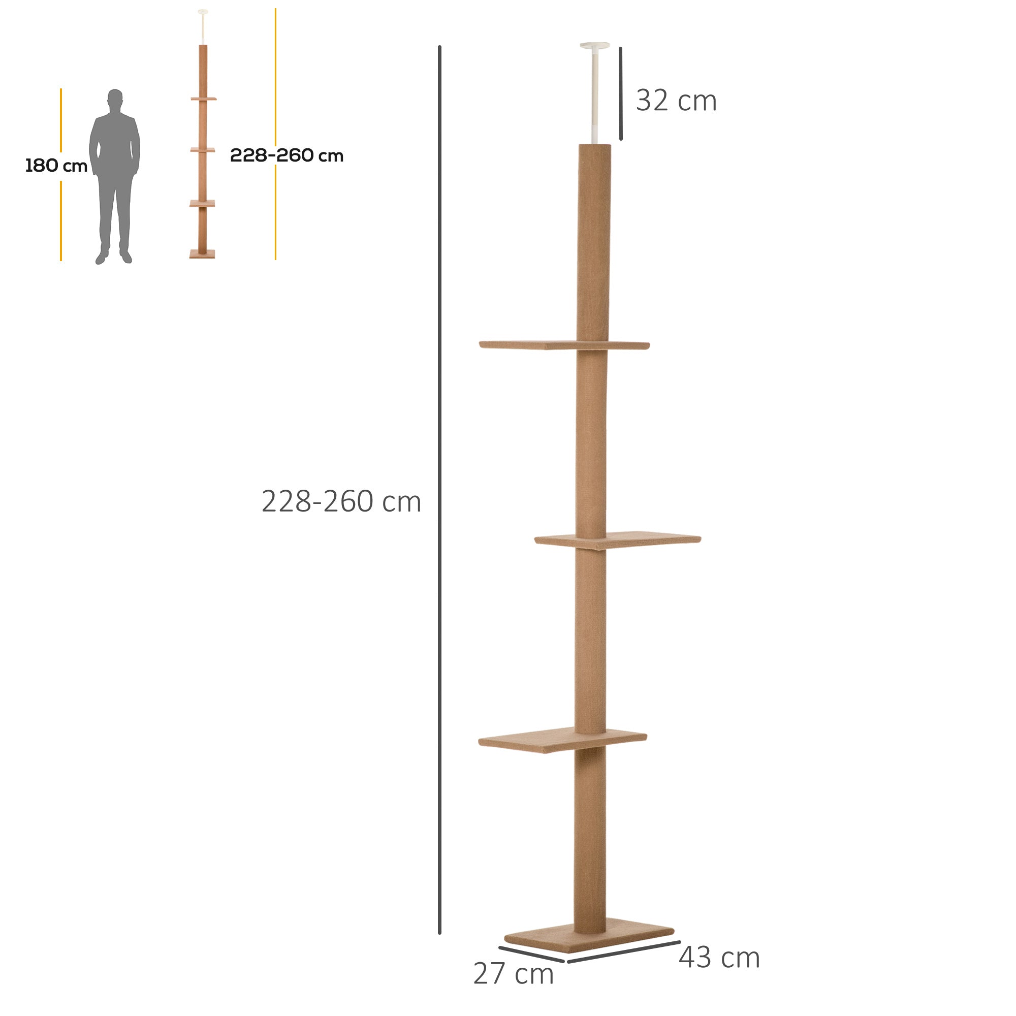 PawHut 260cm Floor To Ceiling Cat Tree for Indoor Cats w/ Three Platforms Activity Centre - Brown