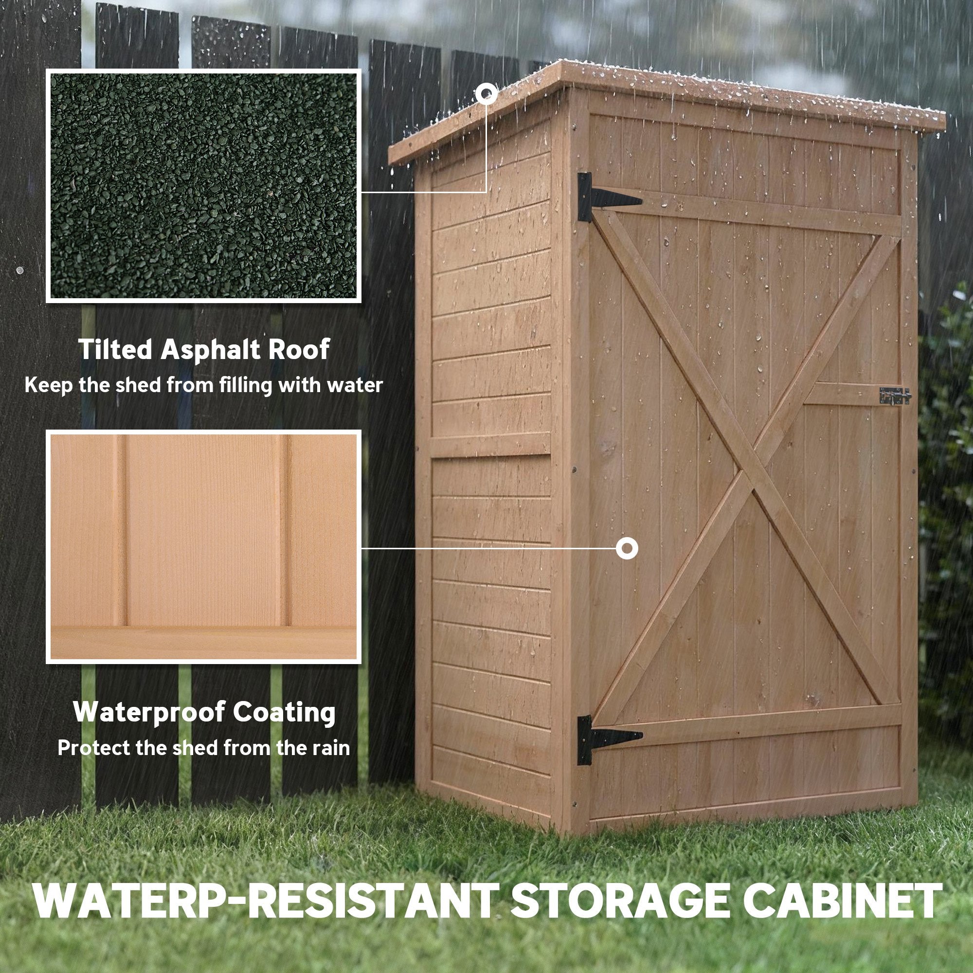 Outsunny Garden Shed Wooden Garden Storage Shed Fir Wood Tool Cabinet Organiser with Shelves 75L x 56W x115Hcm Natural