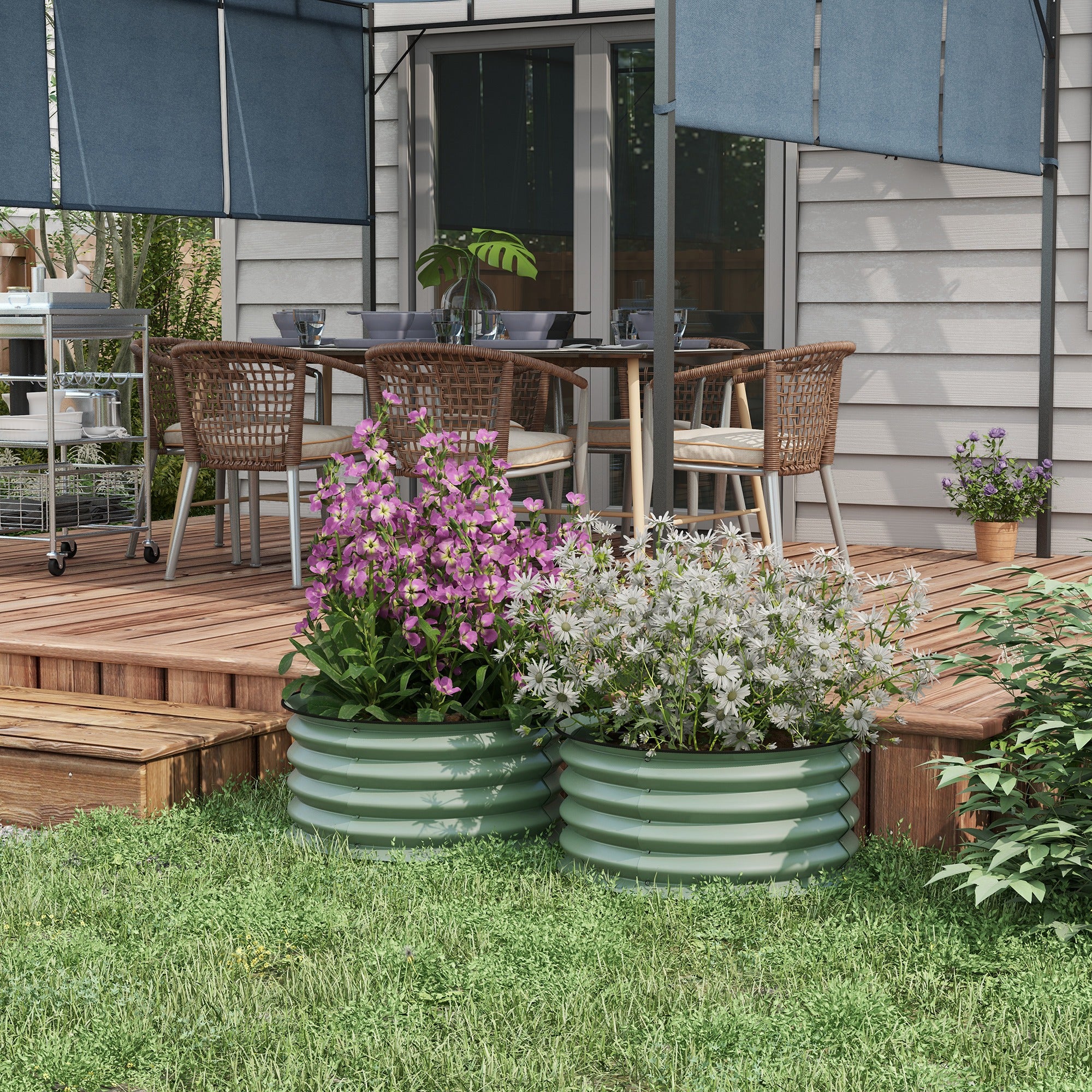 Outsunny Set of 2 Raised Garden Bed, Metal Planter Box with Safety Edging, Easy-to-assemble Stock Tank, Green - North Peak Garden Furniture