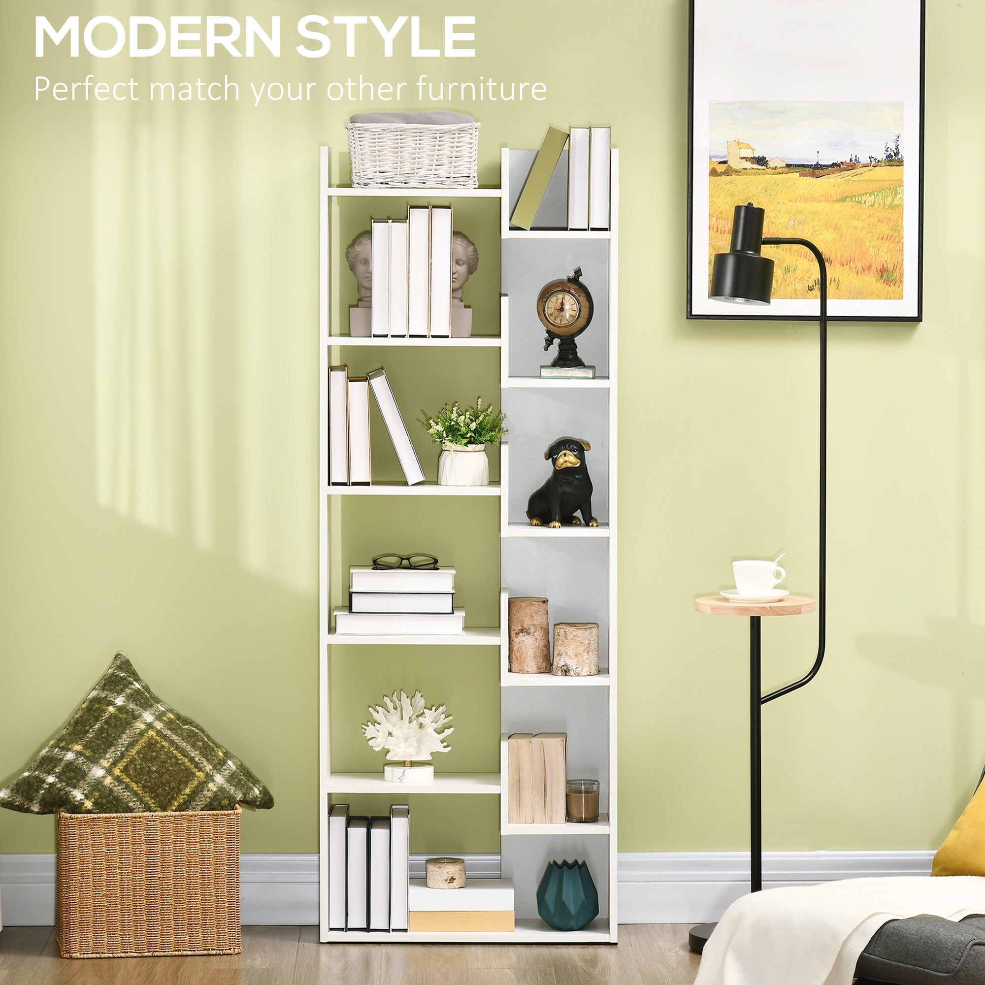 HOMCOM Modern Book Shelf with 11 Open Shelves, 6-Tier Bookcase, Freestanding Shelving Unit for Home Office and Study, White - North Peak Garden Furniture