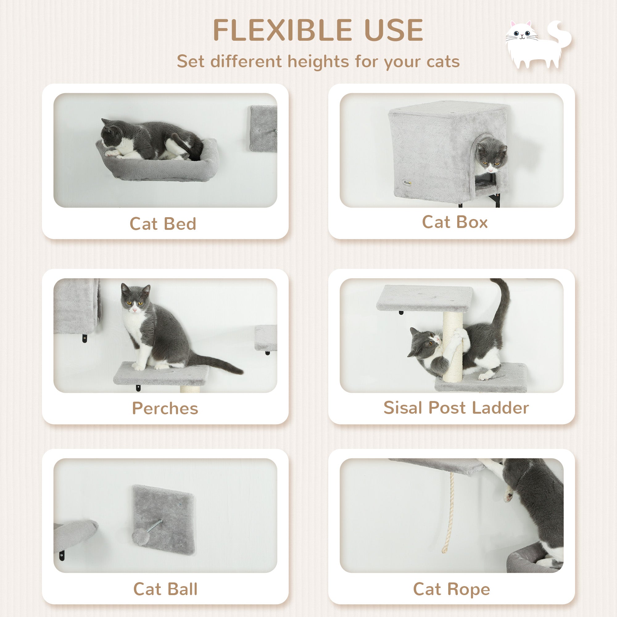 PawHut 6-Piece Cat Wall Shelves Set with Condo, Cat Wall Furniture with Platforms, Sisal Scratching Post, Bed, Toy Ball, Grey - North Peak Garden Furniture