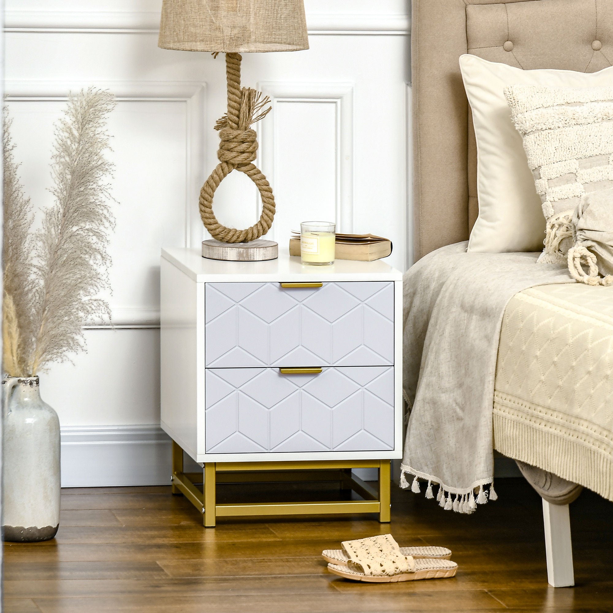 HOMCOM Bedside Table with 2 Drawers, Side Table, Bedside Cabinet with Steel Frame for Living Room, Bedroom, Grey and White - North Peak Garden Furniture