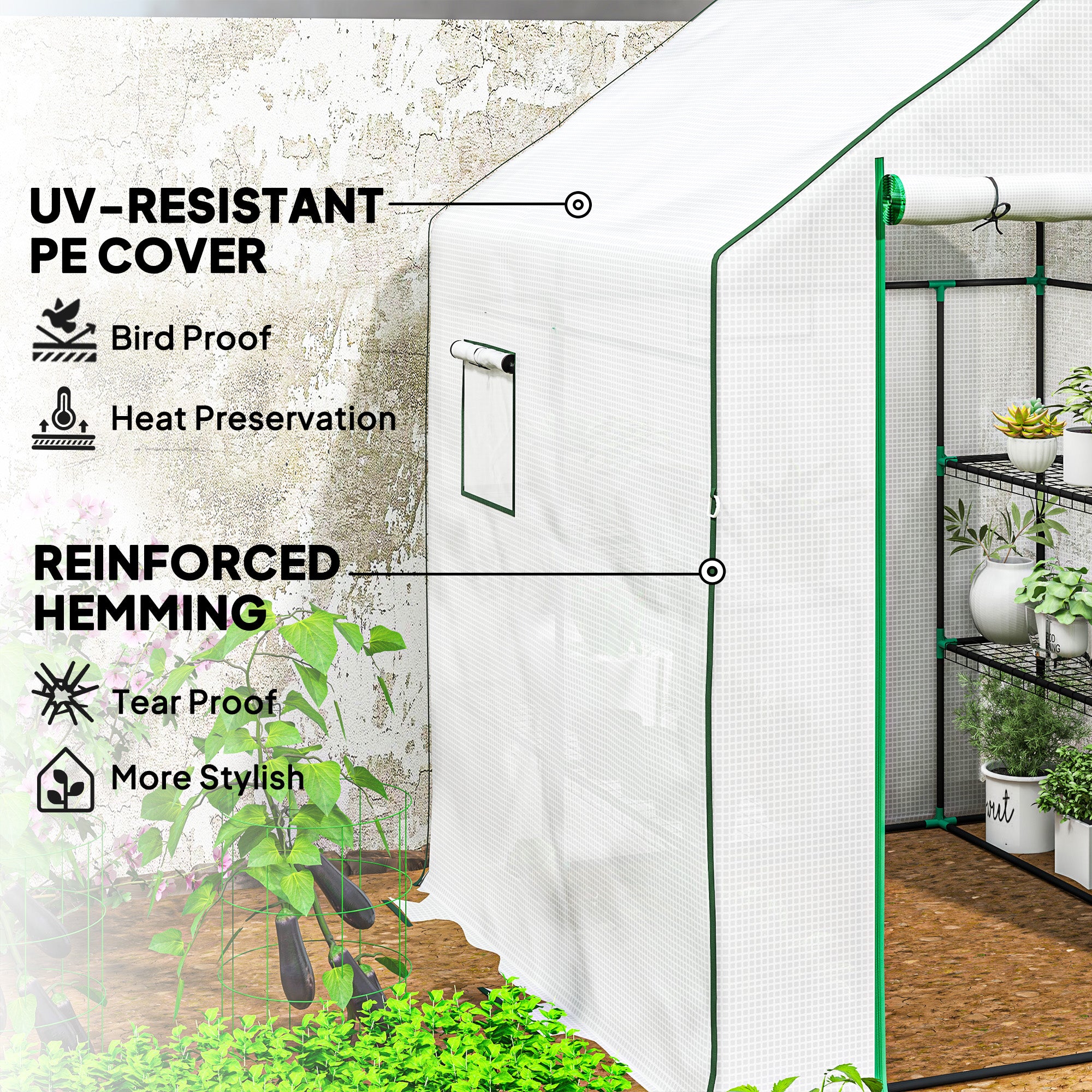 Outsunny 143 x 140cm Walk-In Greenhouse, with Accessories - White - North Peak Garden Furniture