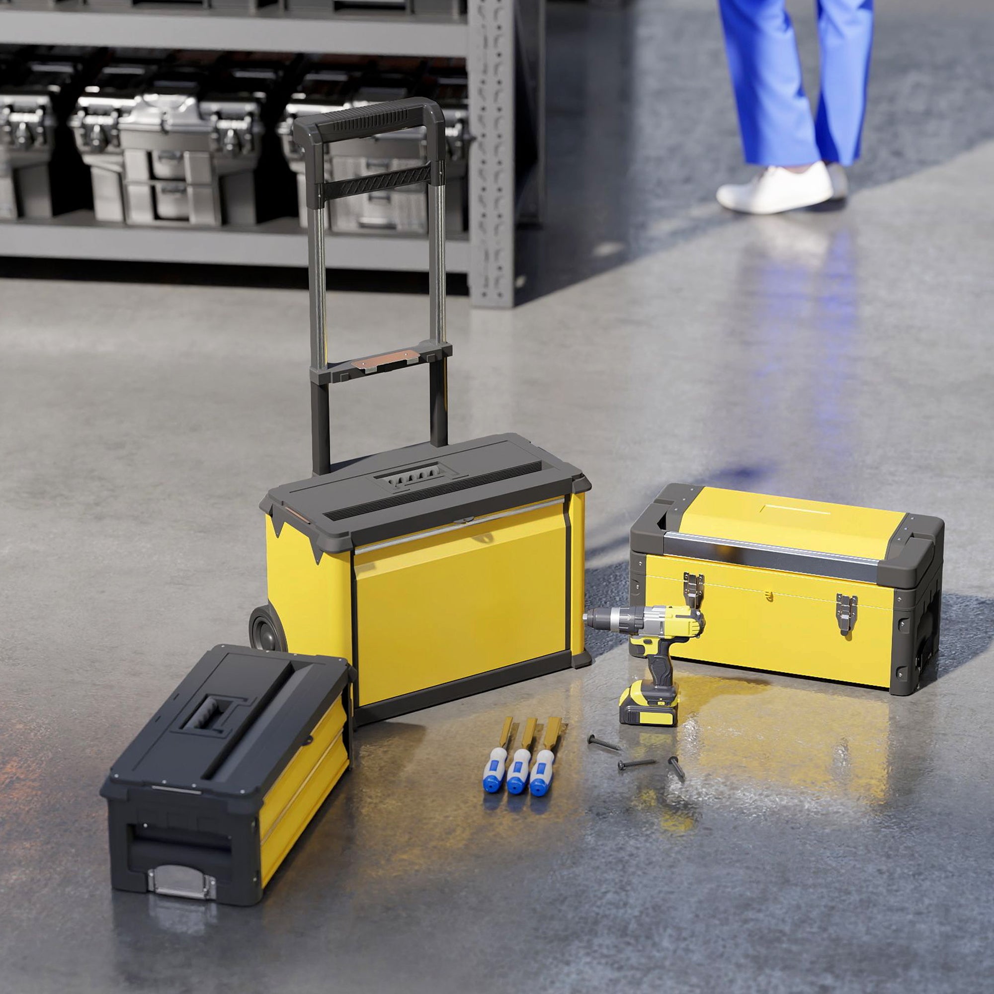 HOMCOM 3-in-1 Stackable Rolling Tool Box - Yellow