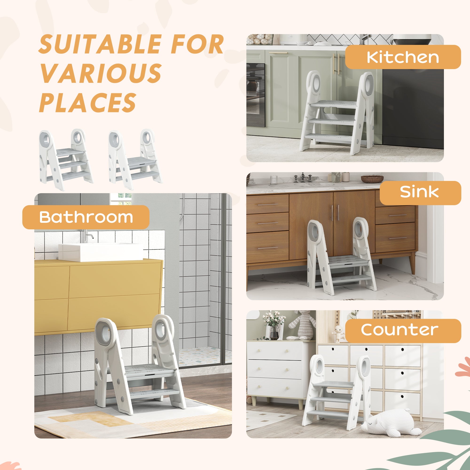 AIYAPLAY Foldable & Adjustable Toddler Tower with Handle, Non-Slip, Grey - North Peak Garden Furniture