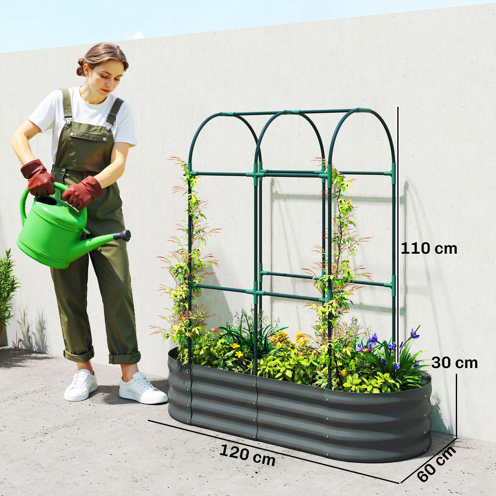 Outsunny Galvanised Raised Garden Bed with Arched Trellis, 4 x 2 x 4.6ft Metal Raised Bed for Garden with Open Bottom, Dark Grey