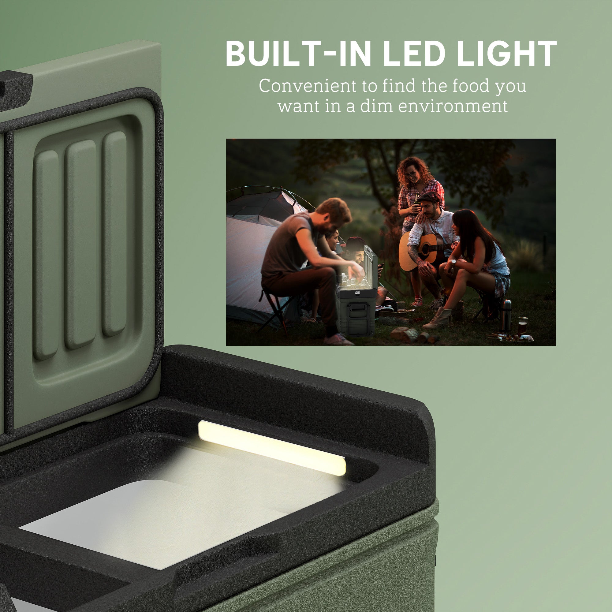 Outsunny 33L Camping Fridge Freezer Dual Zone, Portable Car Fridge 12V/24V DC & 100-240V AC, Electric Cool Box -20℃-20℃ with Wheels and LED Light, for Travel, RV, Road Trip, Picnic [Energy Class E] - North Peak Garden Furniture