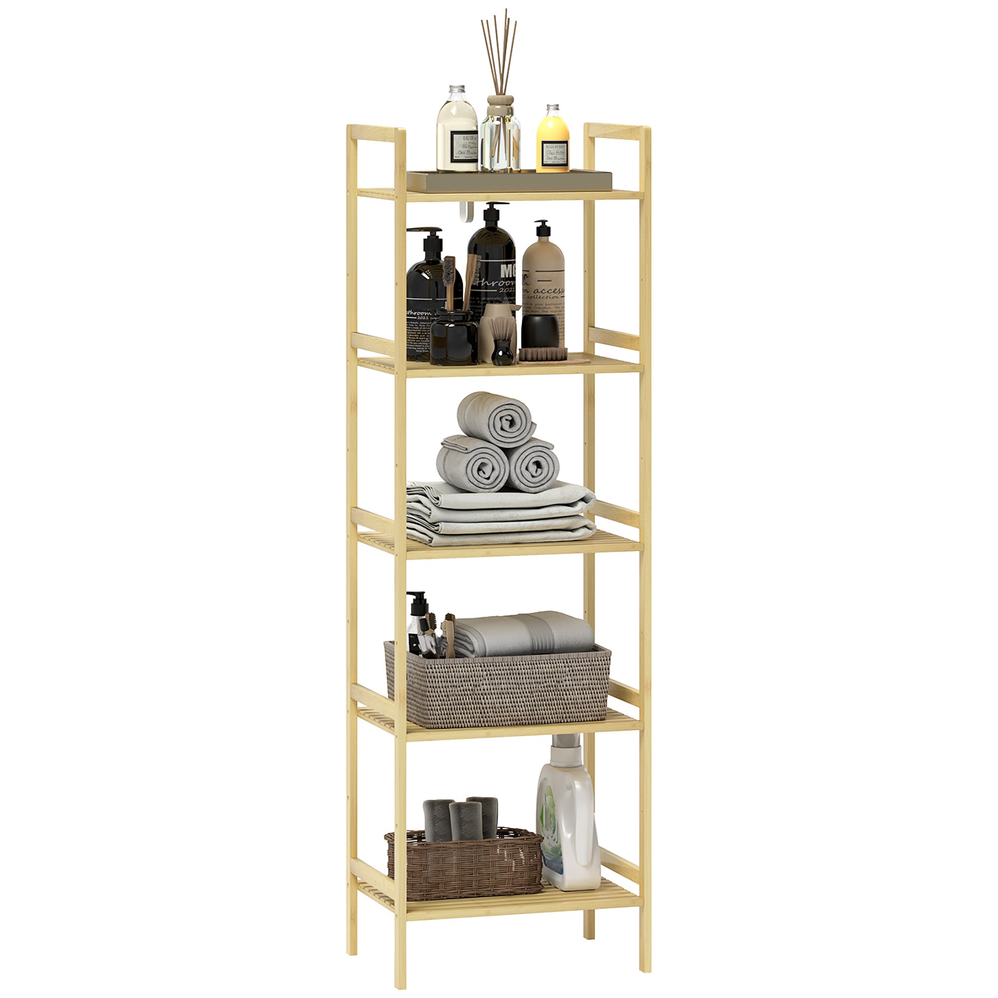 HOMCOM 5-Tier Bamboo Bathroom Storage Shelf, Freestanding Shelving Unit with Adjustable Rack for Kitchen Bathroom Living Room, Natural Wood Finish - North Peak Garden Furniture