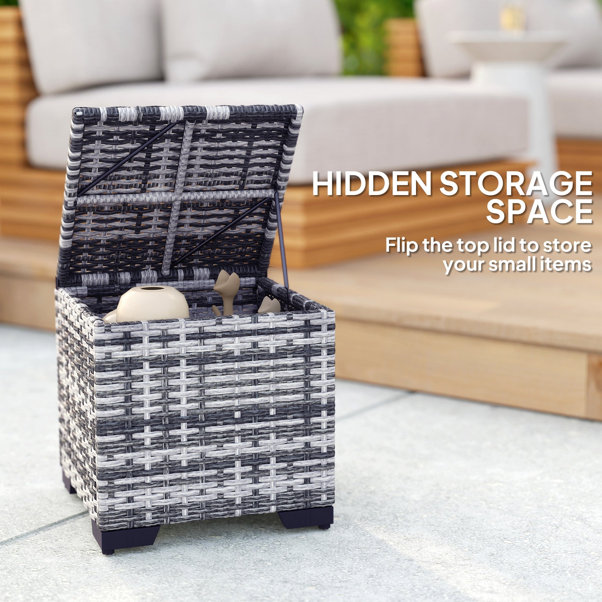 Outsunny Set of 2 Rattan Storage Ottoman, Outdoor Footstool with Removable Cushions, Garden Storage Seat for Balcony, Poolside, Living Room, Dark Grey - North Peak Garden Furniture