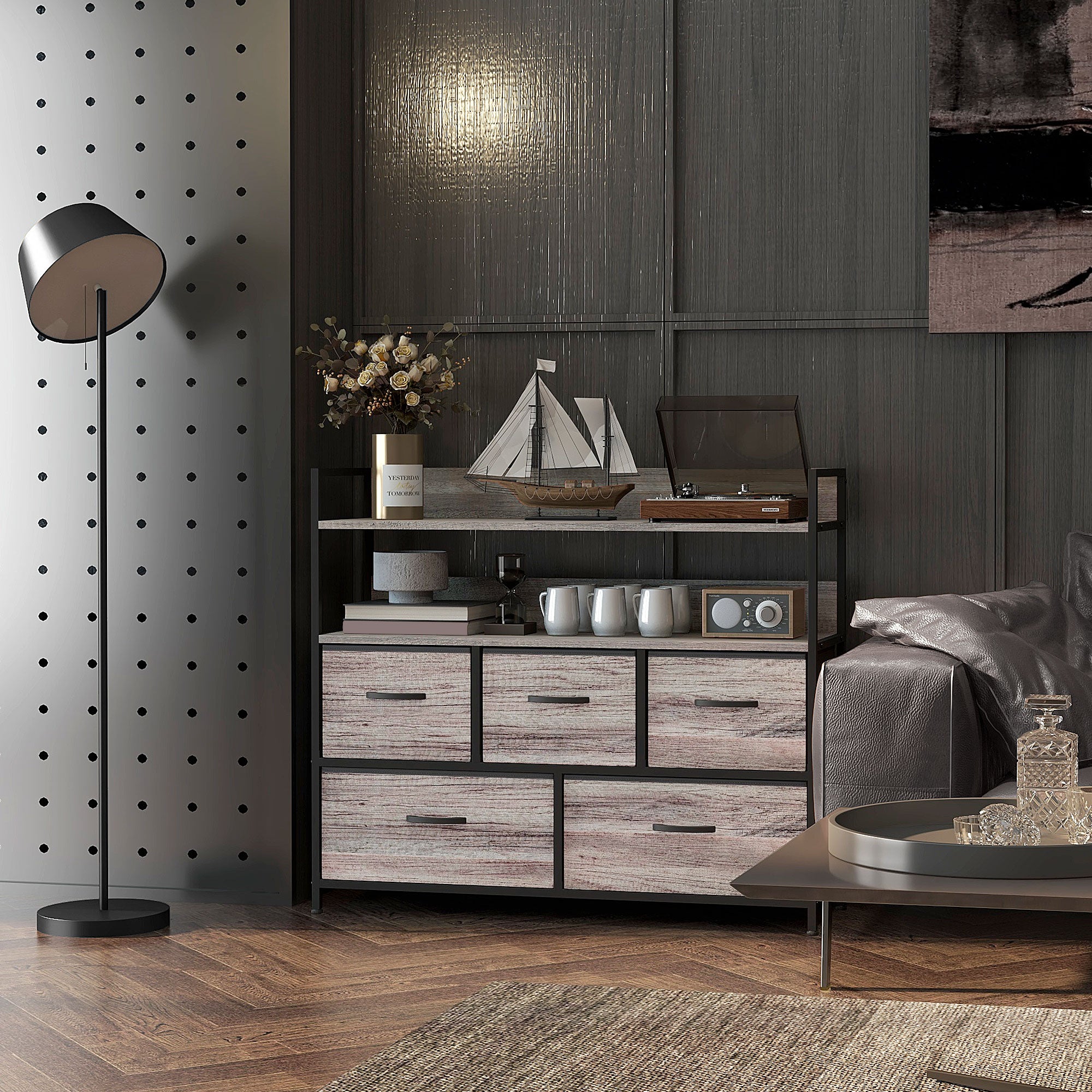 HOMCOM Rustic Chest of Five Fabric Drawers - Grey Wood Effect - North Peak Garden Furniture