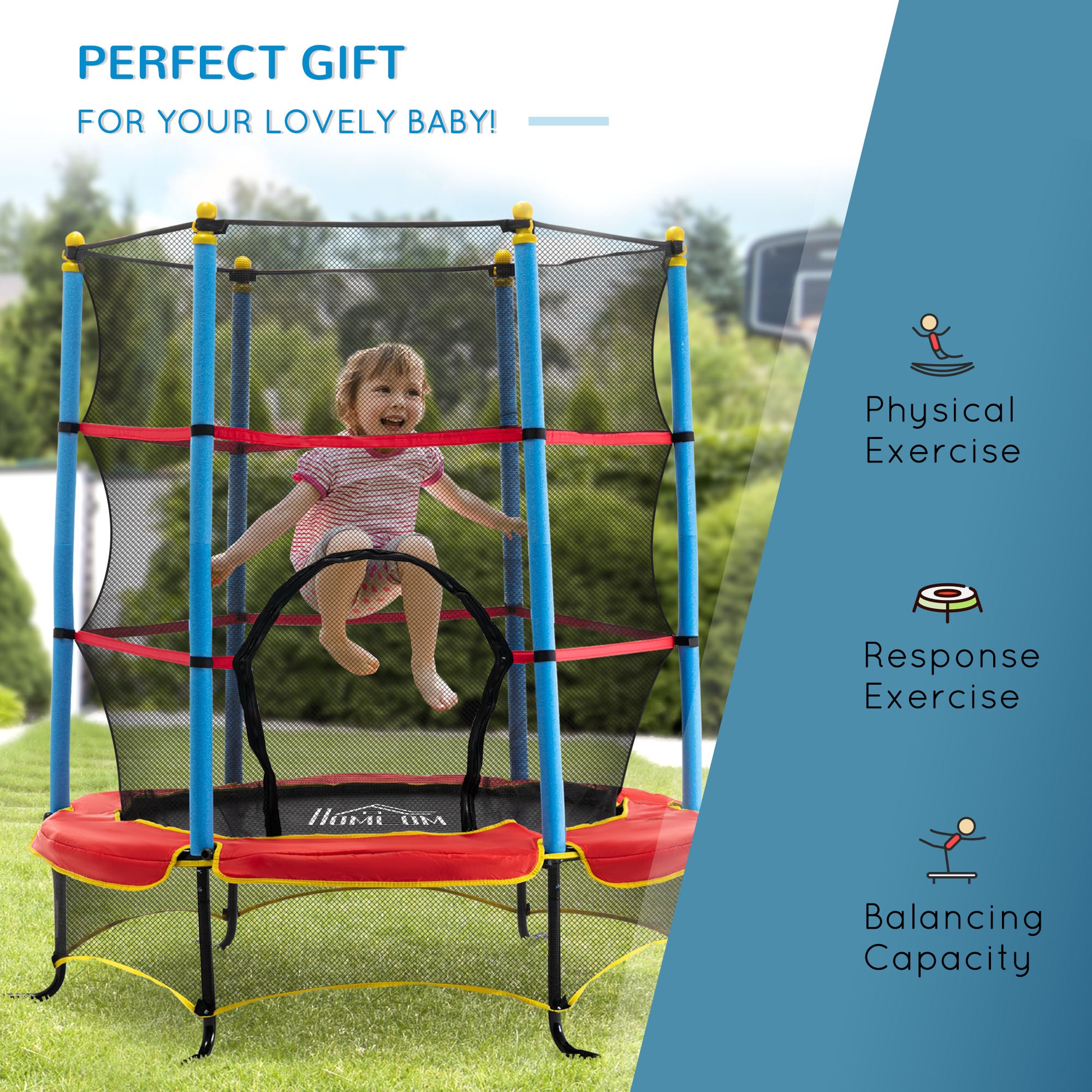 HOMCOM Kids Trampoline, with Safety Net, for Ages 3-10 Years