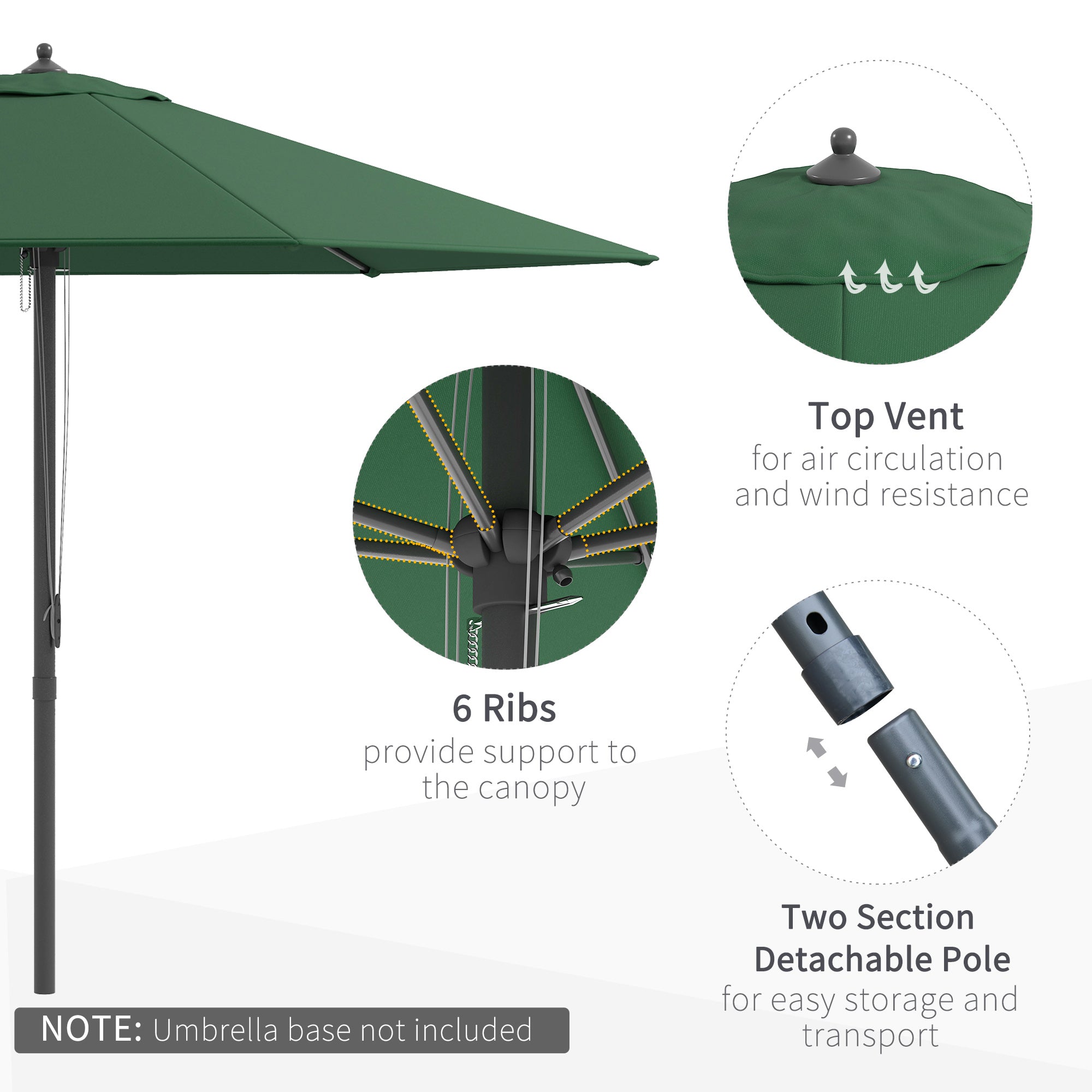Outsunny 2.8m Garden Parasol Umbrella, Round Outdoor Market Table Umbrella Sun Shade Canopy, Green - North Peak Garden Furniture