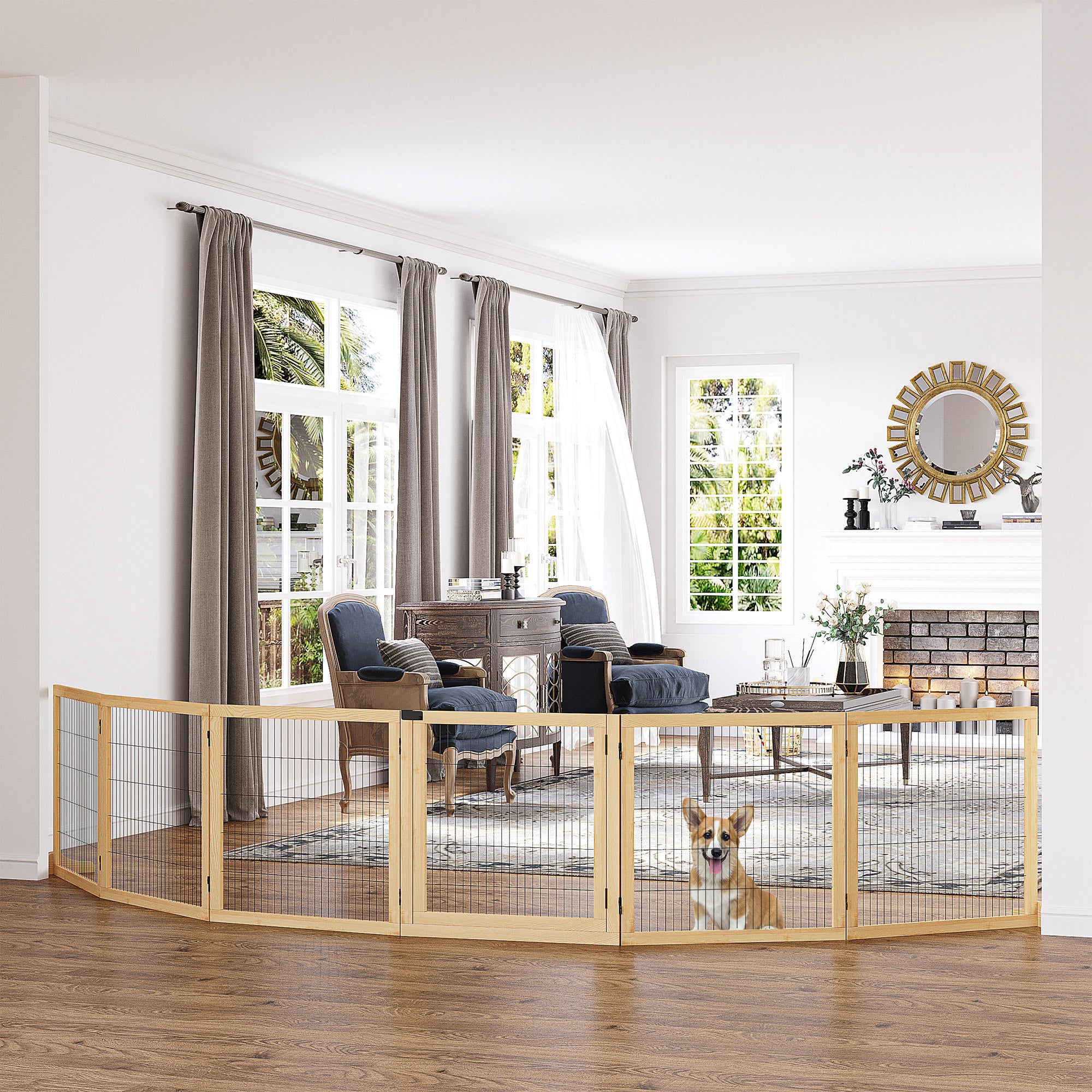 PawHut Wooden Pet Gate, Freestanding Dog Safety Barrier with Two Support Feet - Natural Tone - North Peak Garden Furniture
