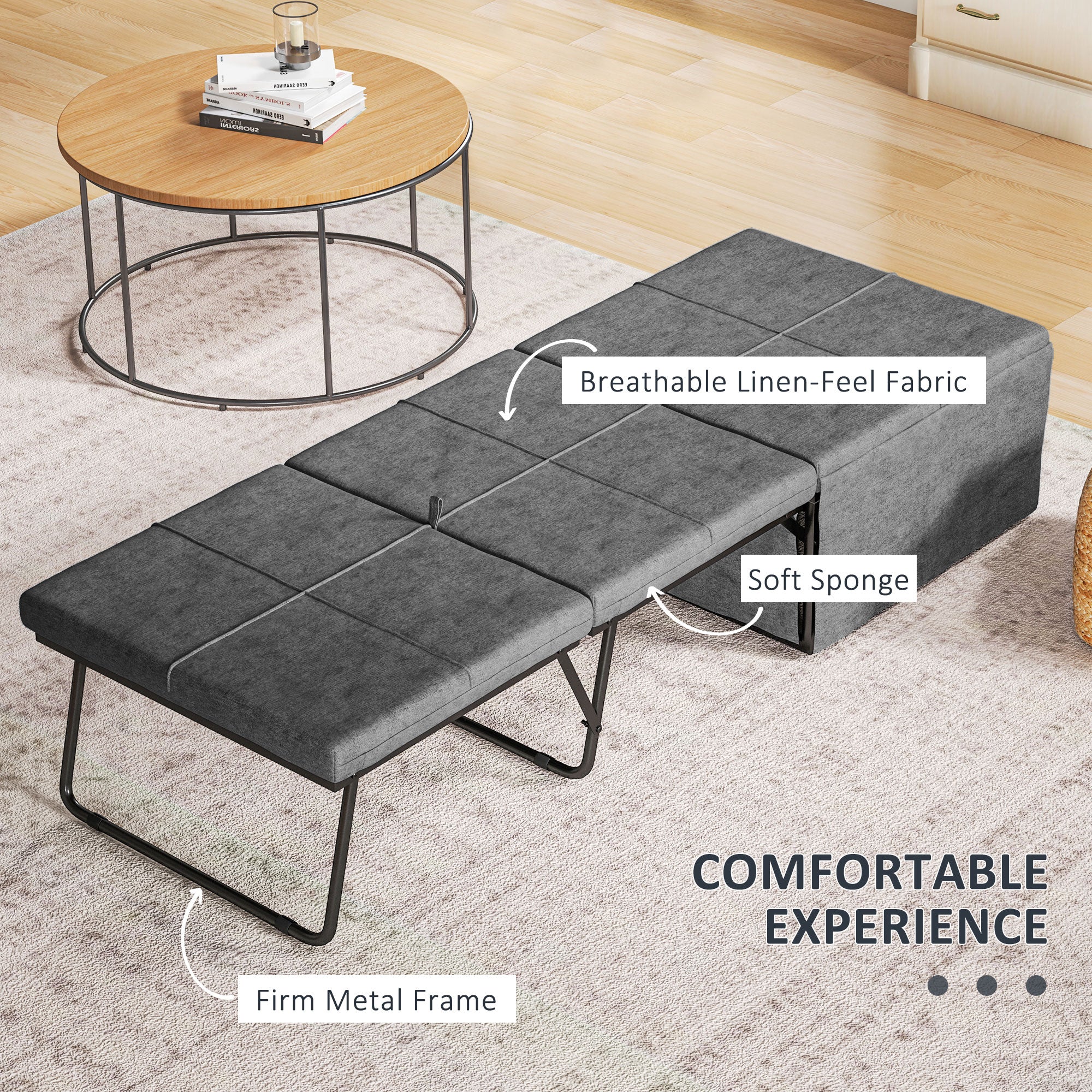 HOMCOM Folding Bed with Linen Sponge Mattress and Dust Cover, Foldable Guest Bed Compact Single Bed with Metal Frame, 69 x 181.5 cm, Grey - North Peak Garden Furniture