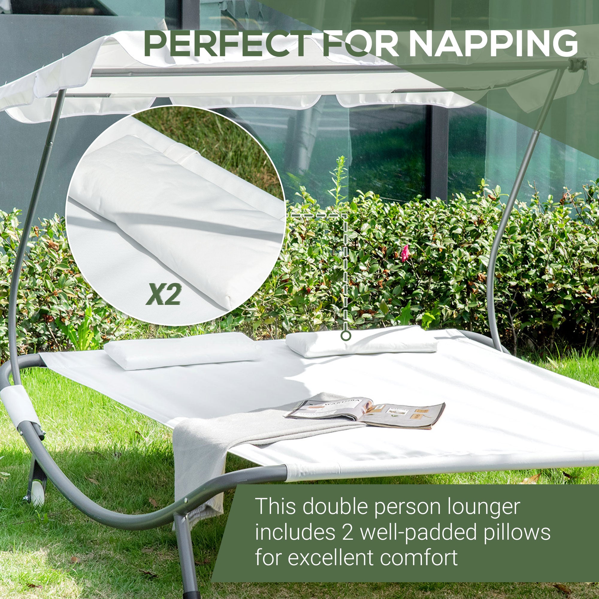 Outsunny Patio Double Hammock Sun Lounger Bed w/ Canopy Shelter, Wheels & 2 Pillows, White - North Peak Garden Furniture
