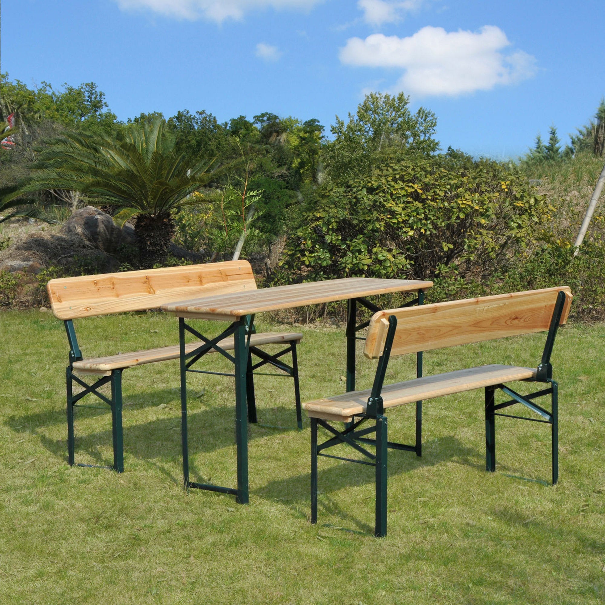 Outsunny Portable Folding Camping Picnic Trestle Beer Table and 2 Bench Set Wooden Garden Furniture Patio Dining Party BBQ Chairs Stools - North Peak Garden Furniture