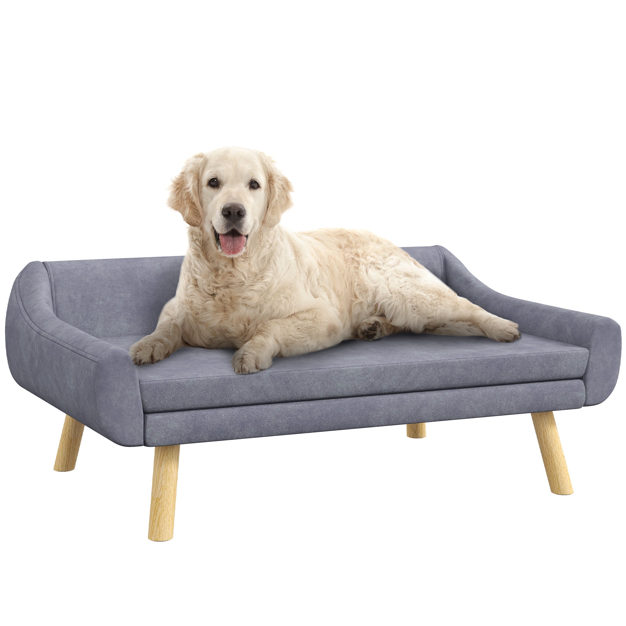PawHut Dog Couch with Soft Cushion, Pet Sofa Bed with Wooden Frame, Removable Cover, for Medium and Large Dogs, Grey - North Peak Garden Furniture