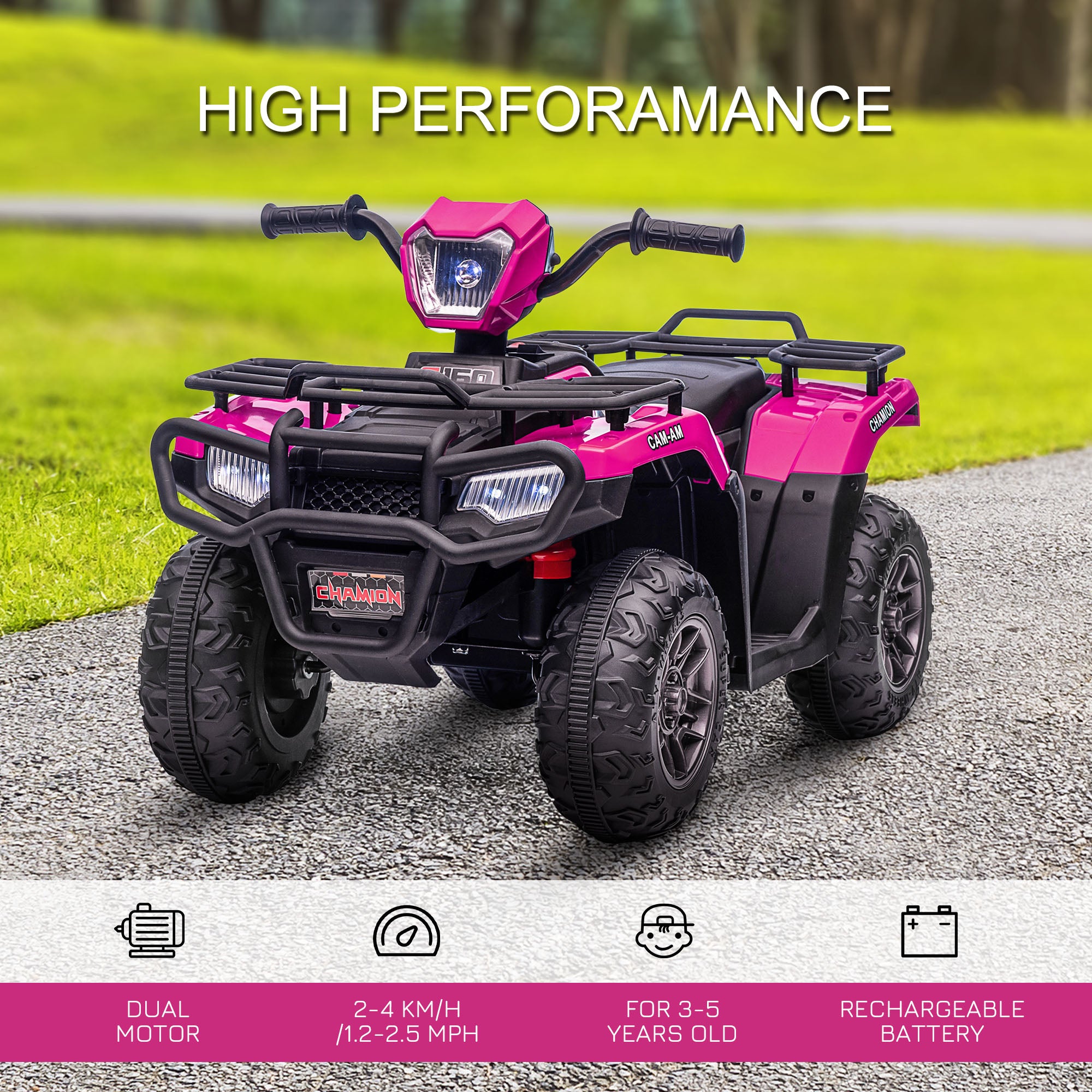 HOMCOM 12V Kids Quad Bike with Forward, Reverse Functions, Ride-On ATV w/ Music, LED, Headlights, for Ages 3-5 Years - Pink