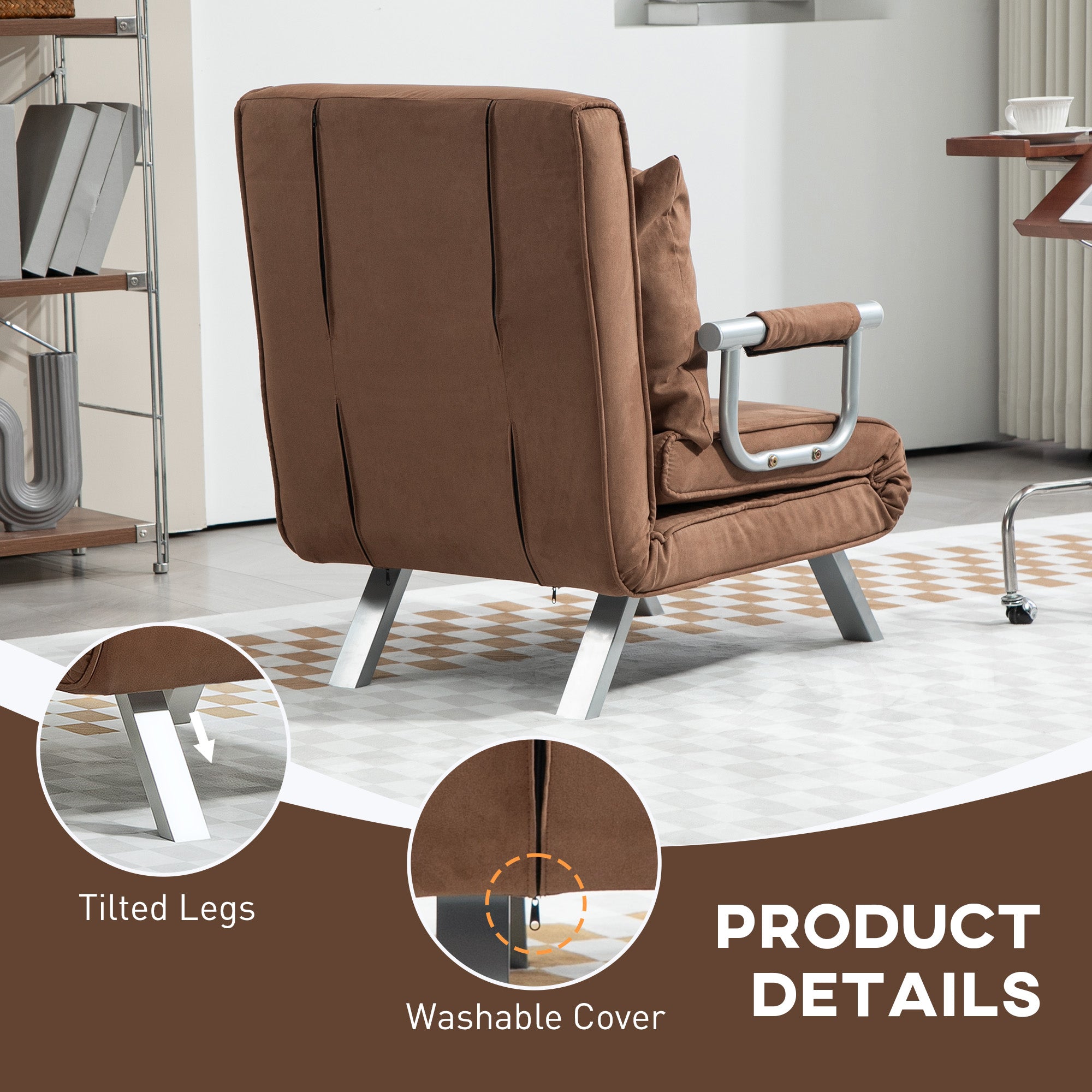 HOMCOM 4-in-1 Faux Suede Chair Bed - Coffee - North Peak Garden Furniture