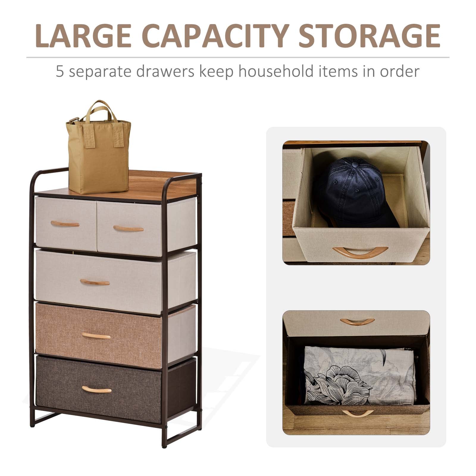 HOMCOM 5-Drawer Dresser Tower 3-Tier Storage Organizer with Steel Frame Wooden Top for Bedroom Hallway Closets - North Peak Garden Furniture