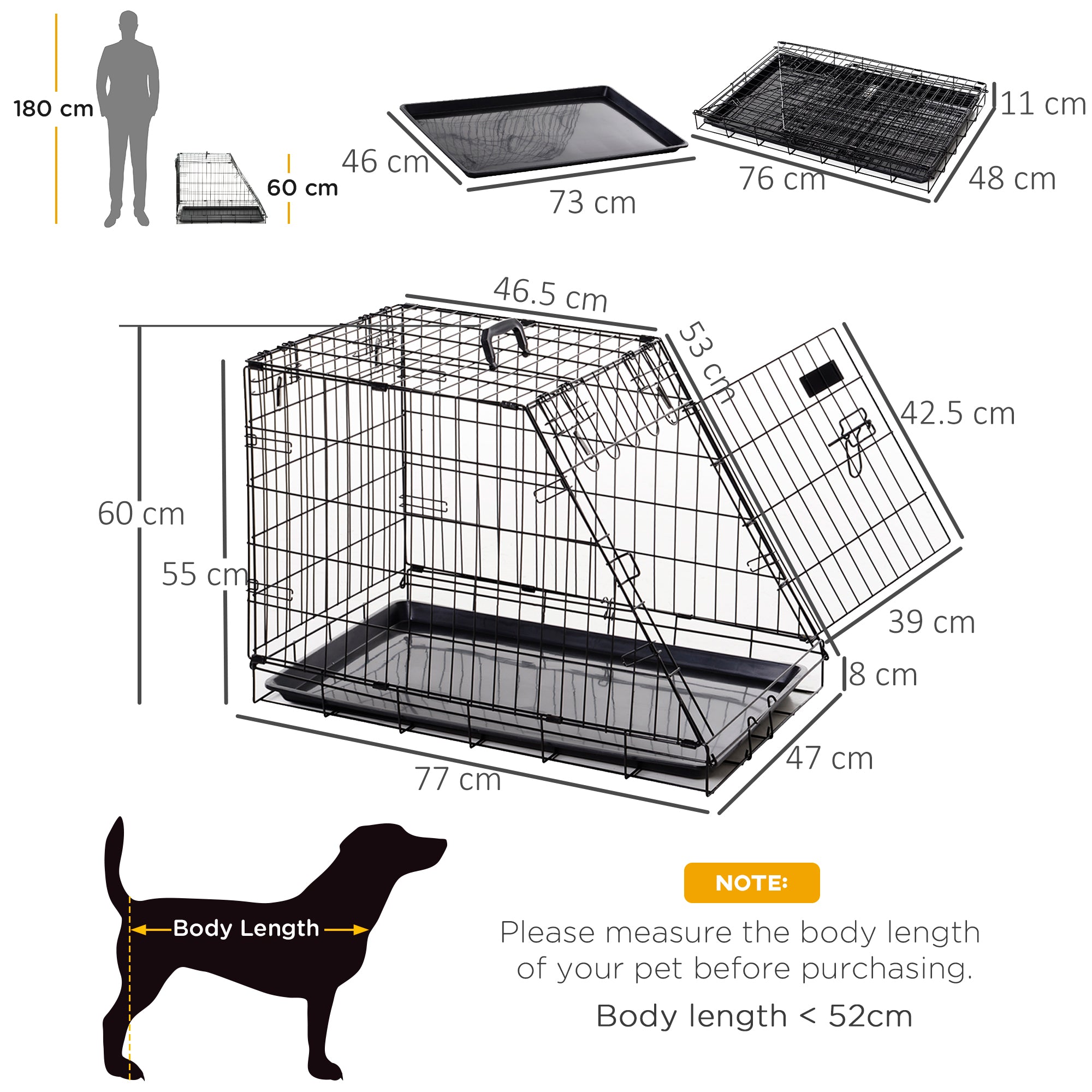 PawHut Metal Collapsible Car Dog Cage Crate Transport Folding Box Carrier Handle Removable Tray 77 x 47 x 55cm