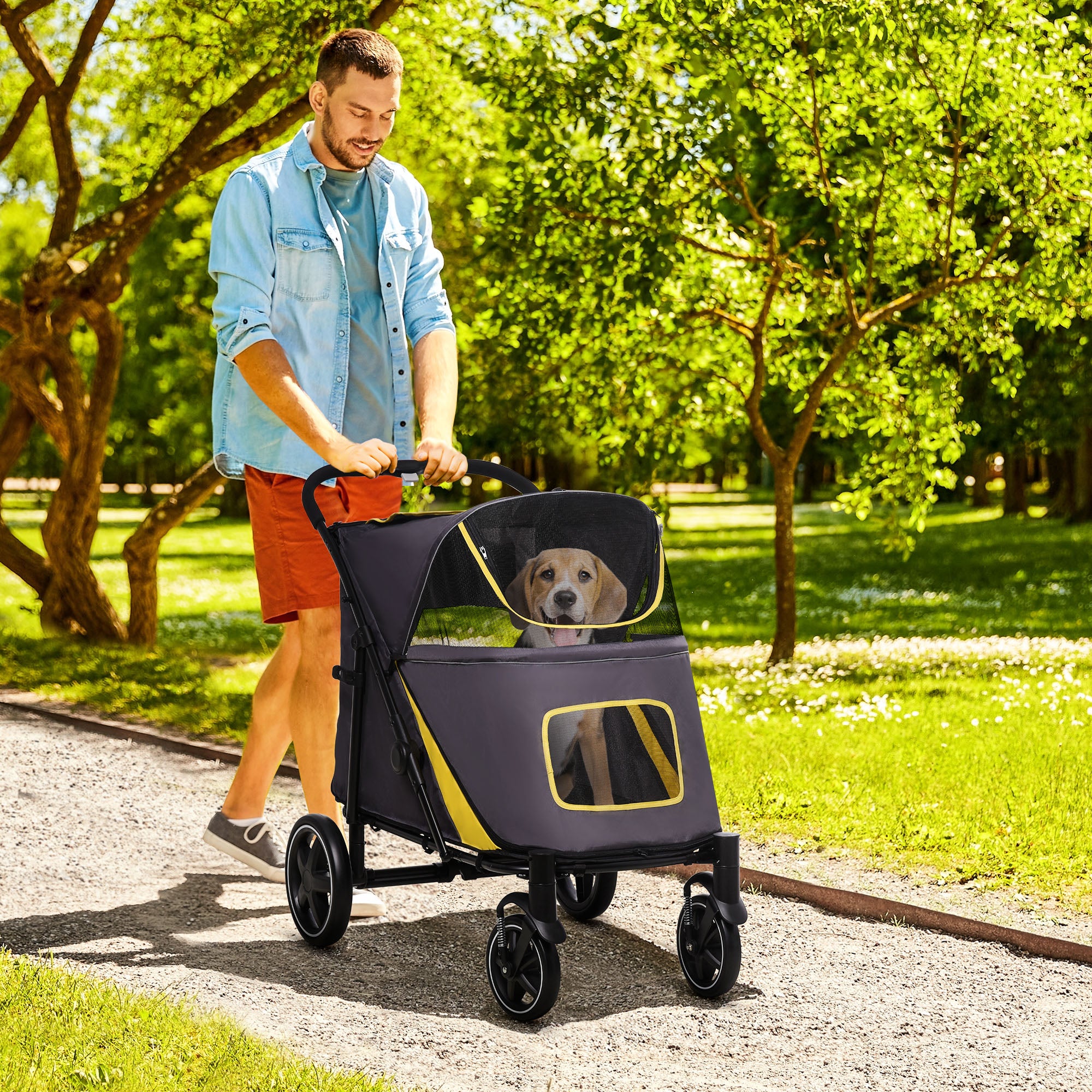 PawHut Foldable Pet Stroller, with Universal Wheels, Shock Absorber, for Medium and Large Dogs - Grey - North Peak Garden Furniture