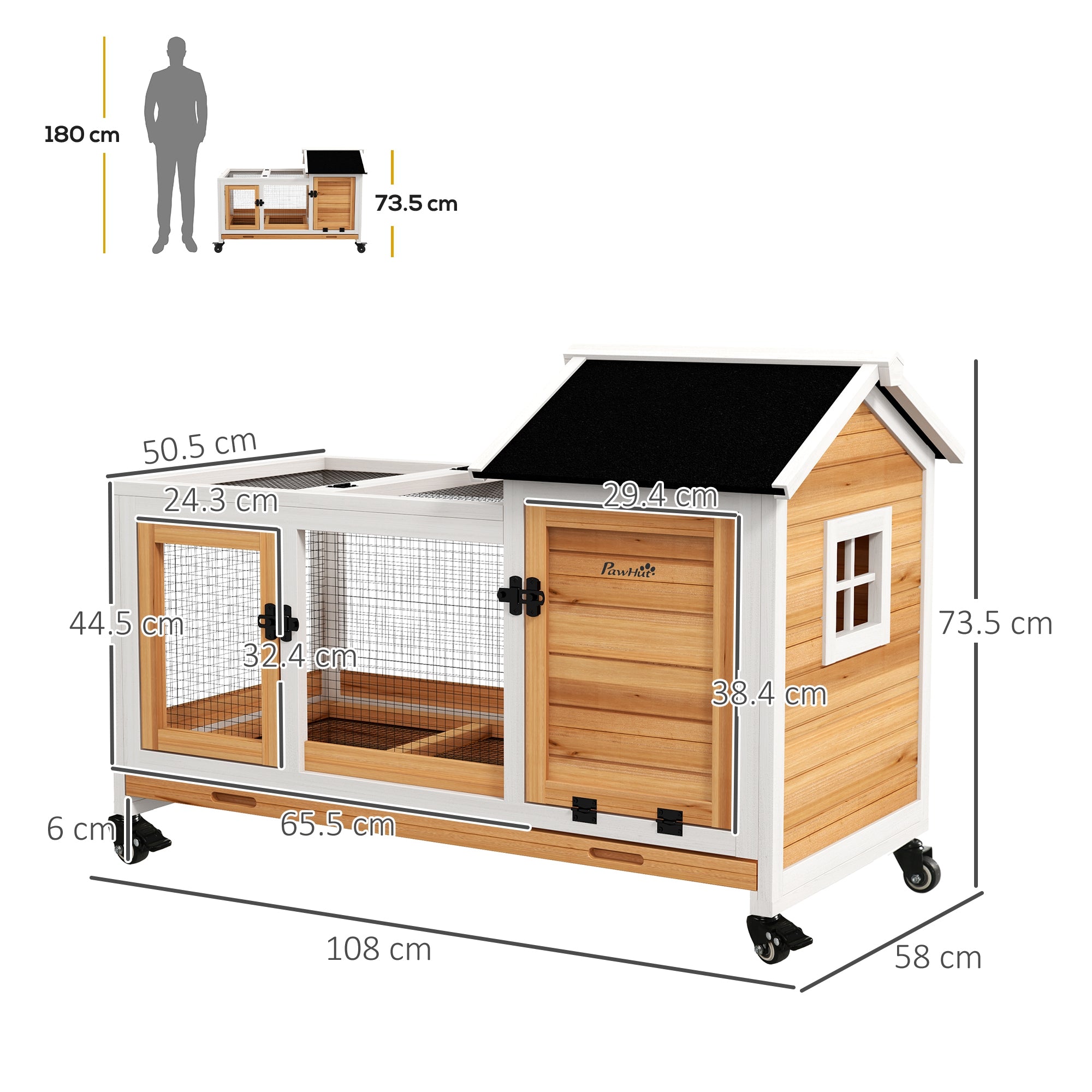 PawHut Wooden Rabbit Hutch, Guinea Pig Cage, with Removable Tray, Wheels - Yellow - North Peak Garden Furniture