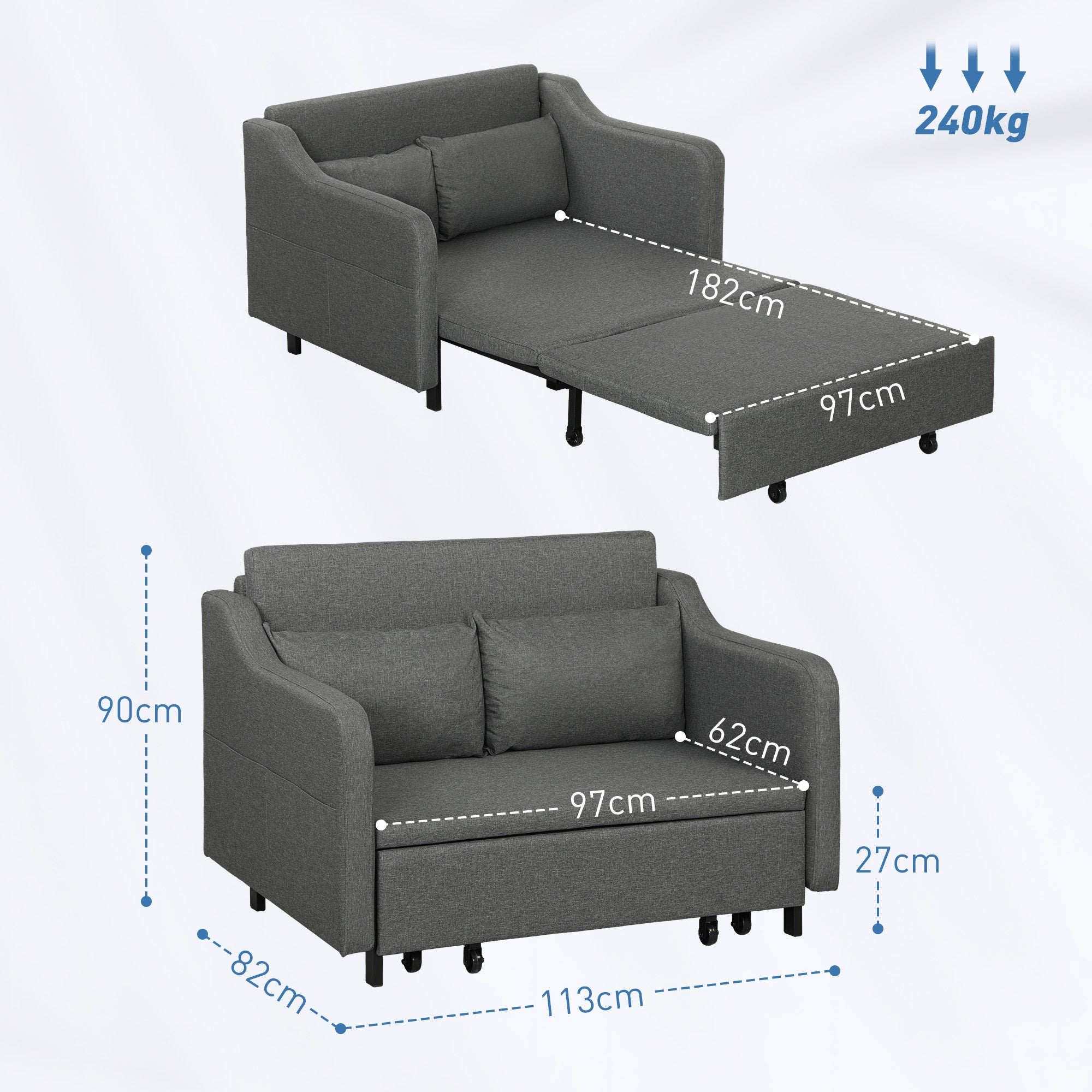 HOMCOM Two-Seater Pull-Out Sofa Bed - Grey - North Peak Garden Furniture